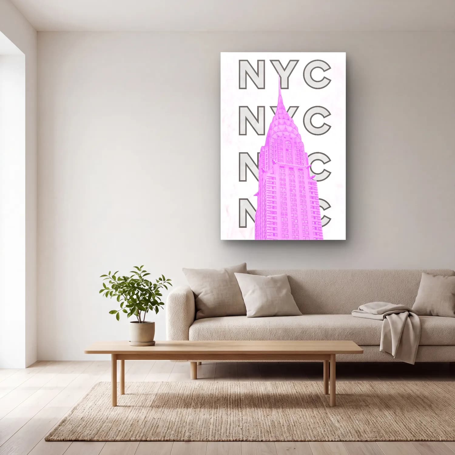 Pastel New York Silüeti No. 4 cam tablo — açık renk salonda