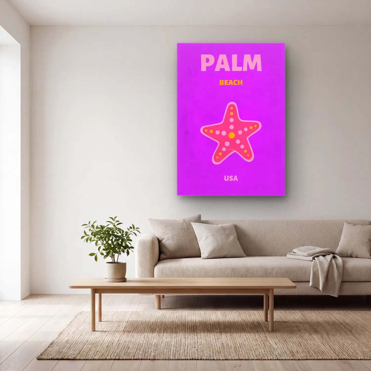 Pastel Palmiyeli Tropik Sahil No. 42 cam tablo — açık renk salonda