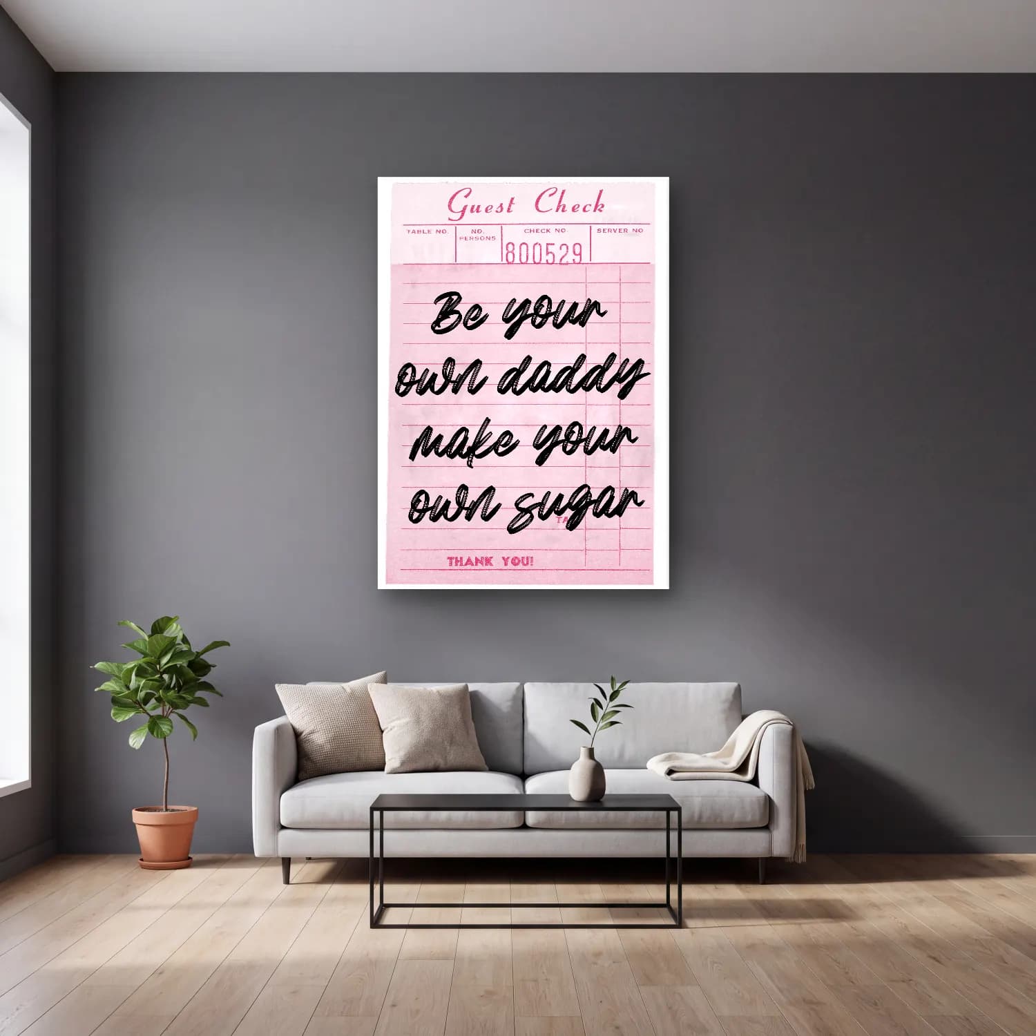 Pastel Söz Posteri No. 61 cam tablo — gri duvarlı salonda