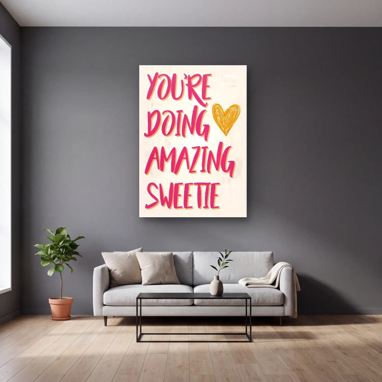 Pastel Söz Posteri No. 62 cam tablo — gri duvarlı salonda