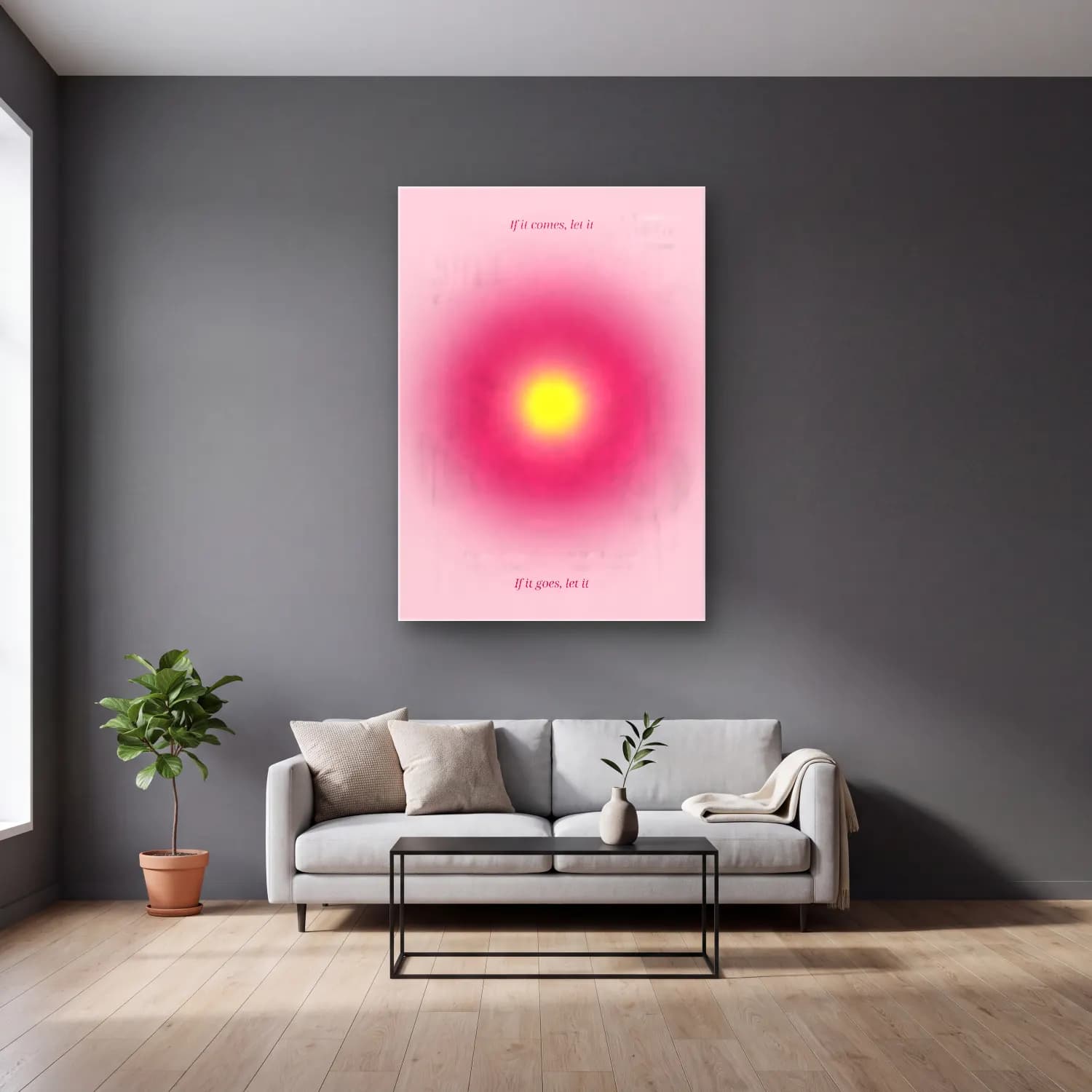 Pastel Renk Alanları No. 66 cam tablo — gri duvarlı salonda