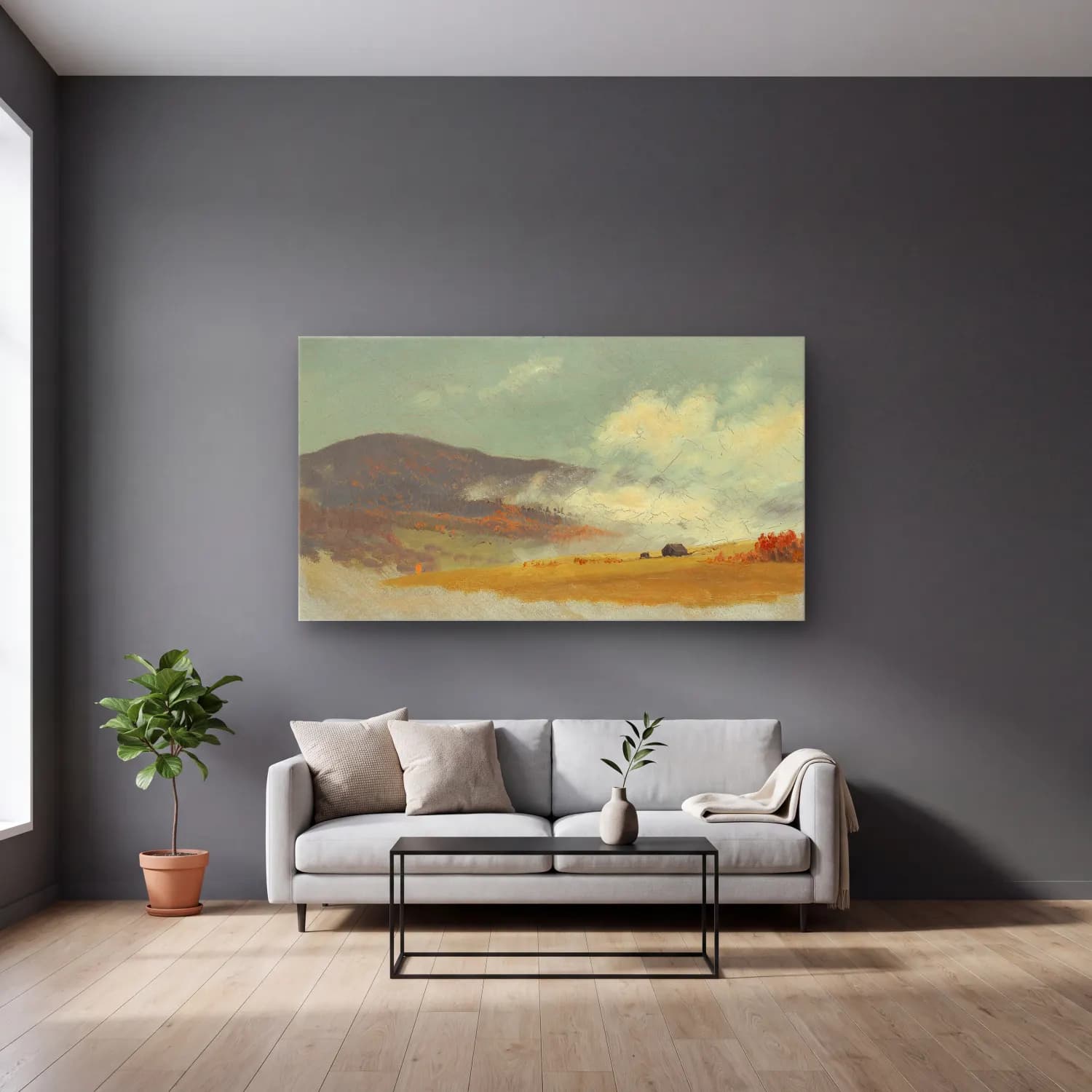 Frederic Edwin Church – Hilly landscapes cam tablo — gri duvarlı salonda