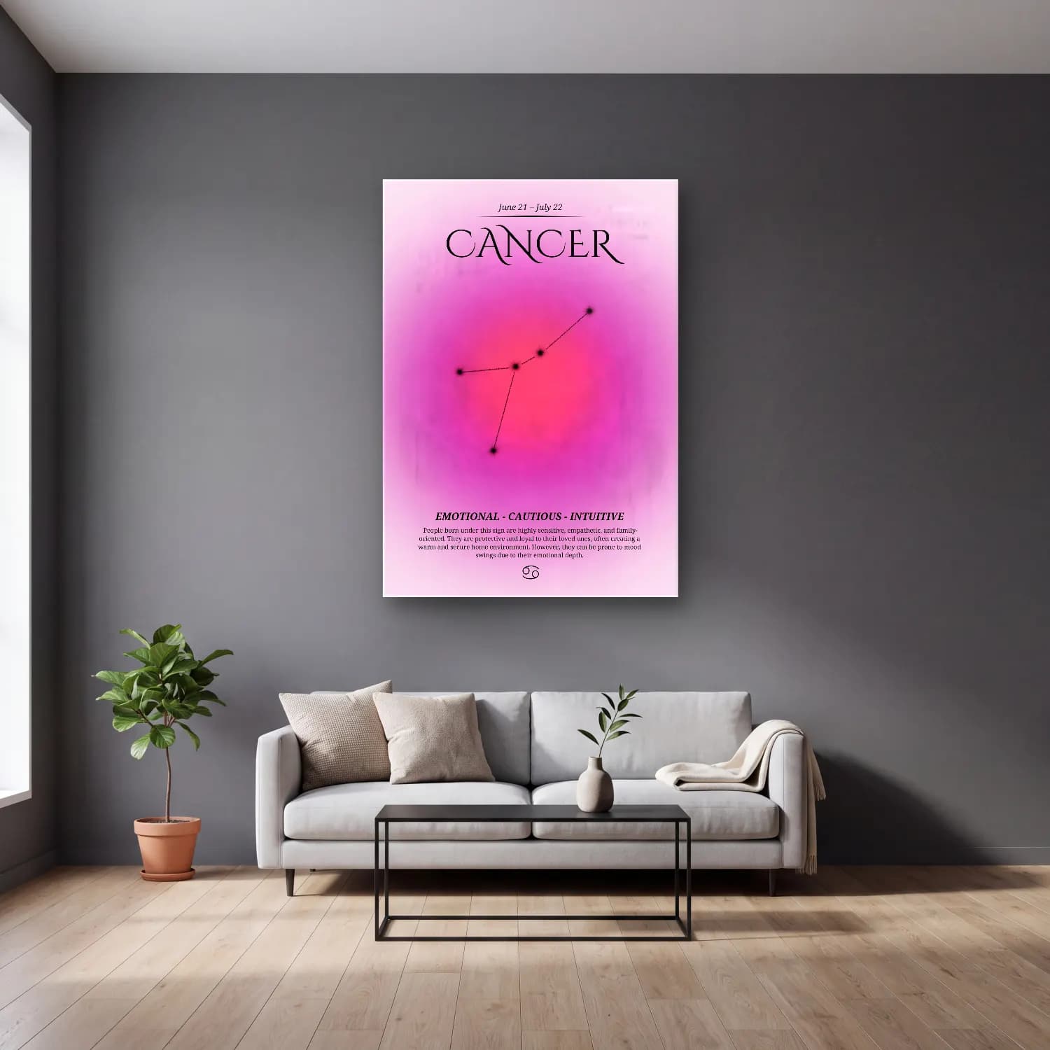 Vintage Poster Fiyonk – Pembe Tonlar cam tablo — gri duvarlı salonda