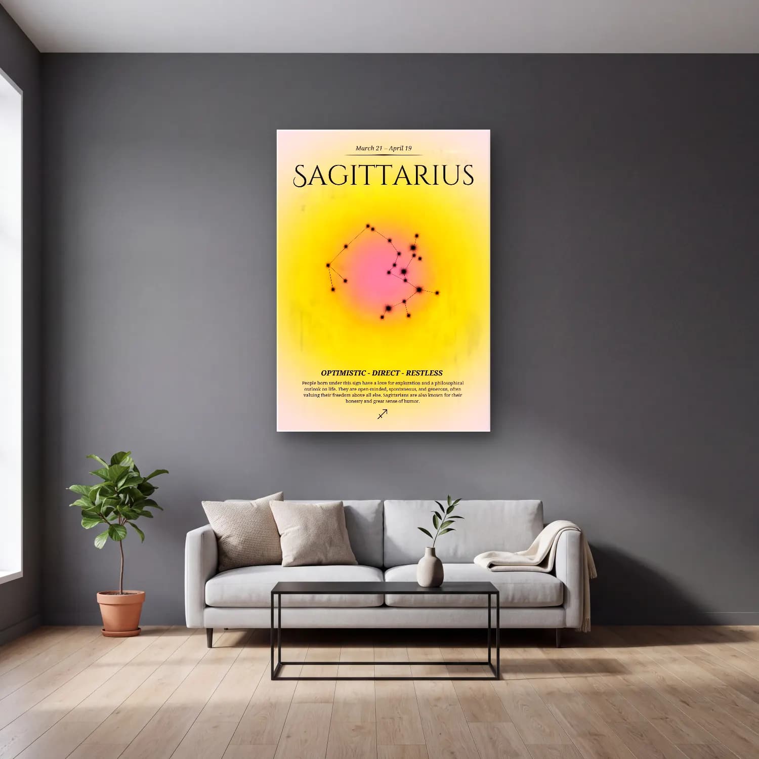 Vintage Poster Söz Posteri – Turuncu Tonlar cam tablo — gri duvarlı salonda