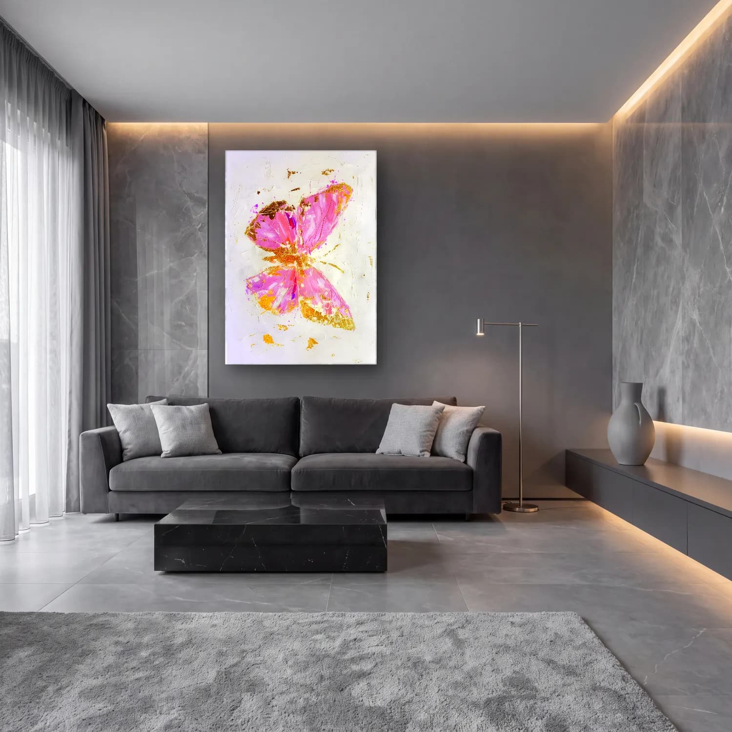 Modern Soyut Kelebek – Pembe Tonlar cam tablo — lüks salon duvarında