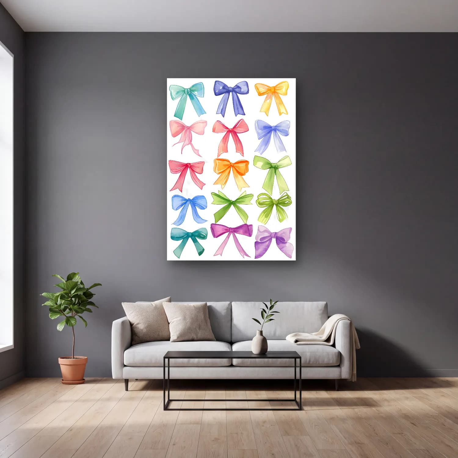 Pastel Fiyonk No. 38 cam tablo — gri duvarlı salonda
