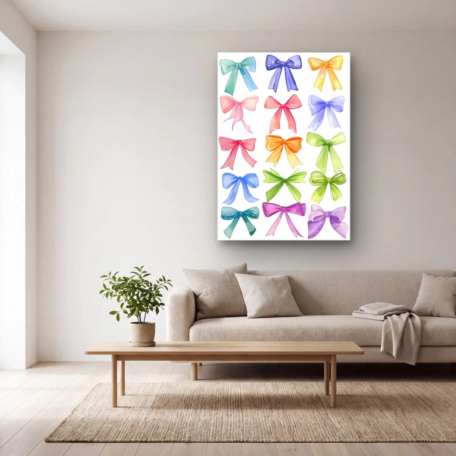 Pastel Fiyonk No. 38 cam tablo — açık renk salonda