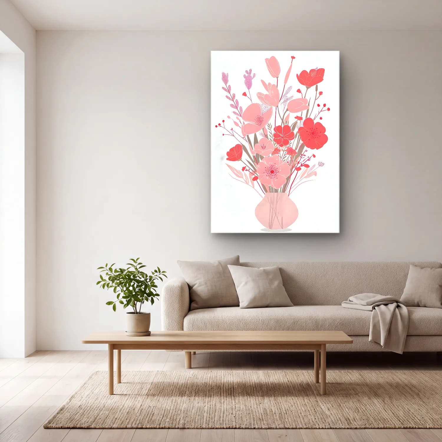 Pastel Vazoda Çiçek Buketi No. 6 cam tablo — açık renk salonda