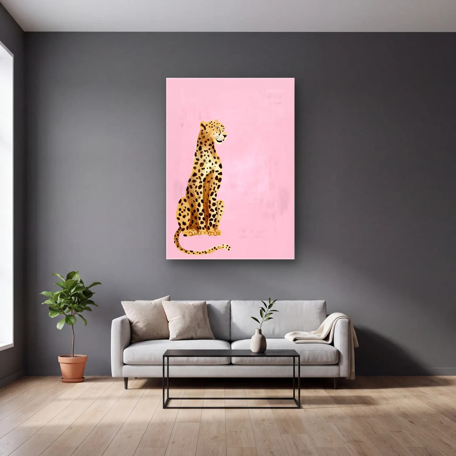 Pastel Leopar No. 24 cam tablo — gri duvarlı salonda