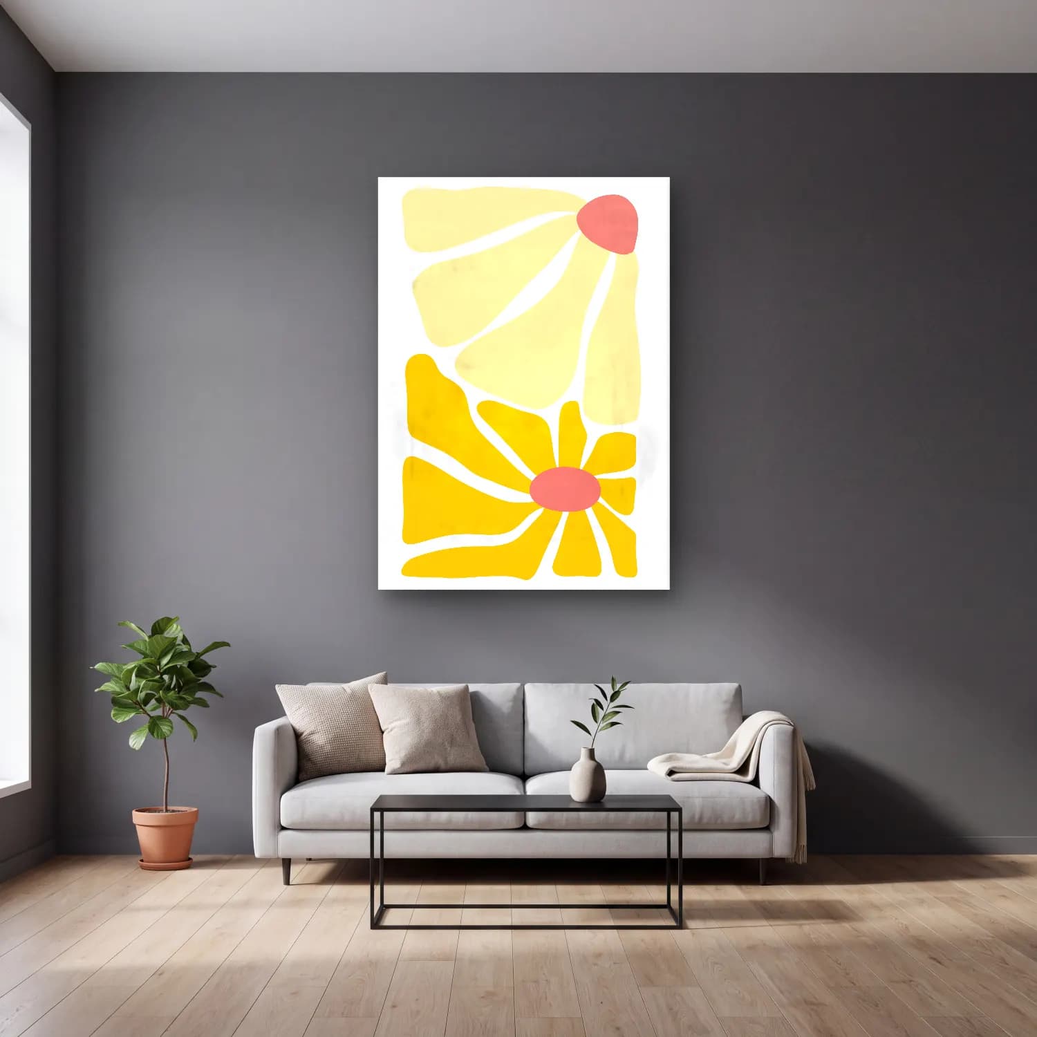 Boho Çiçek Deseni No. 94 cam tablo — gri duvarlı salonda