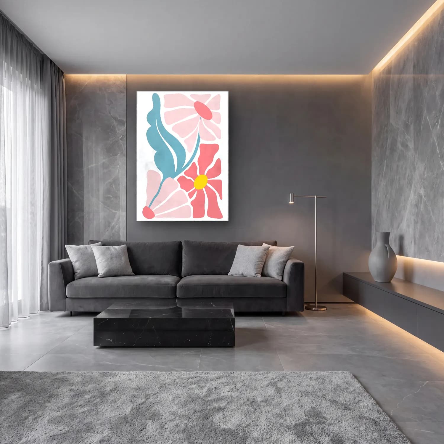 Pastel Çiçek Deseni No. 207 cam tablo — lüks salon duvarında