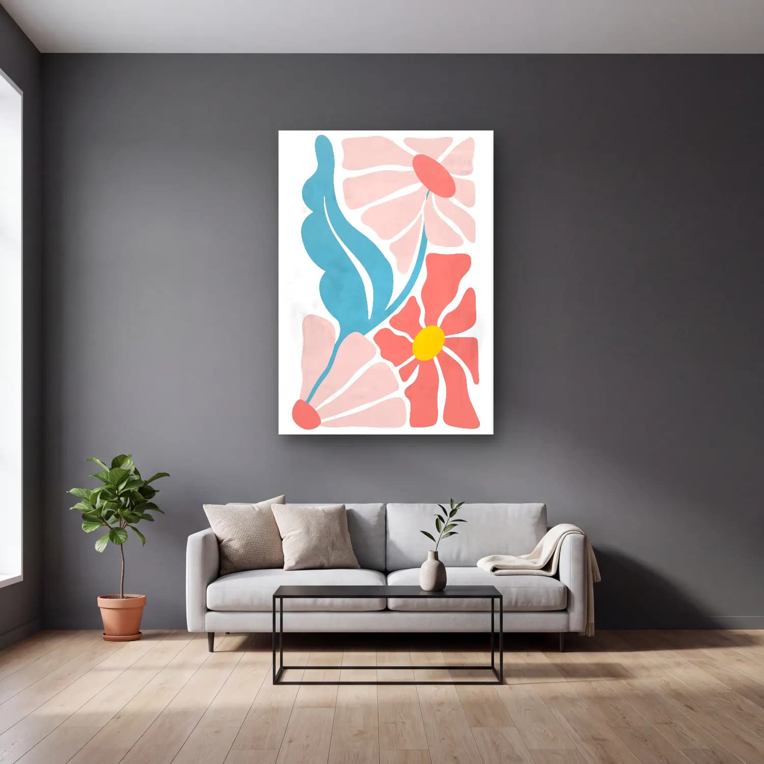 Pastel Çiçek Deseni No. 207 cam tablo — gri duvarlı salonda
