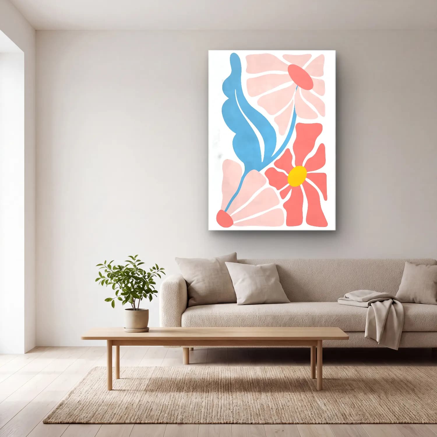 Pastel Çiçek Deseni No. 207 cam tablo — açık renk salonda