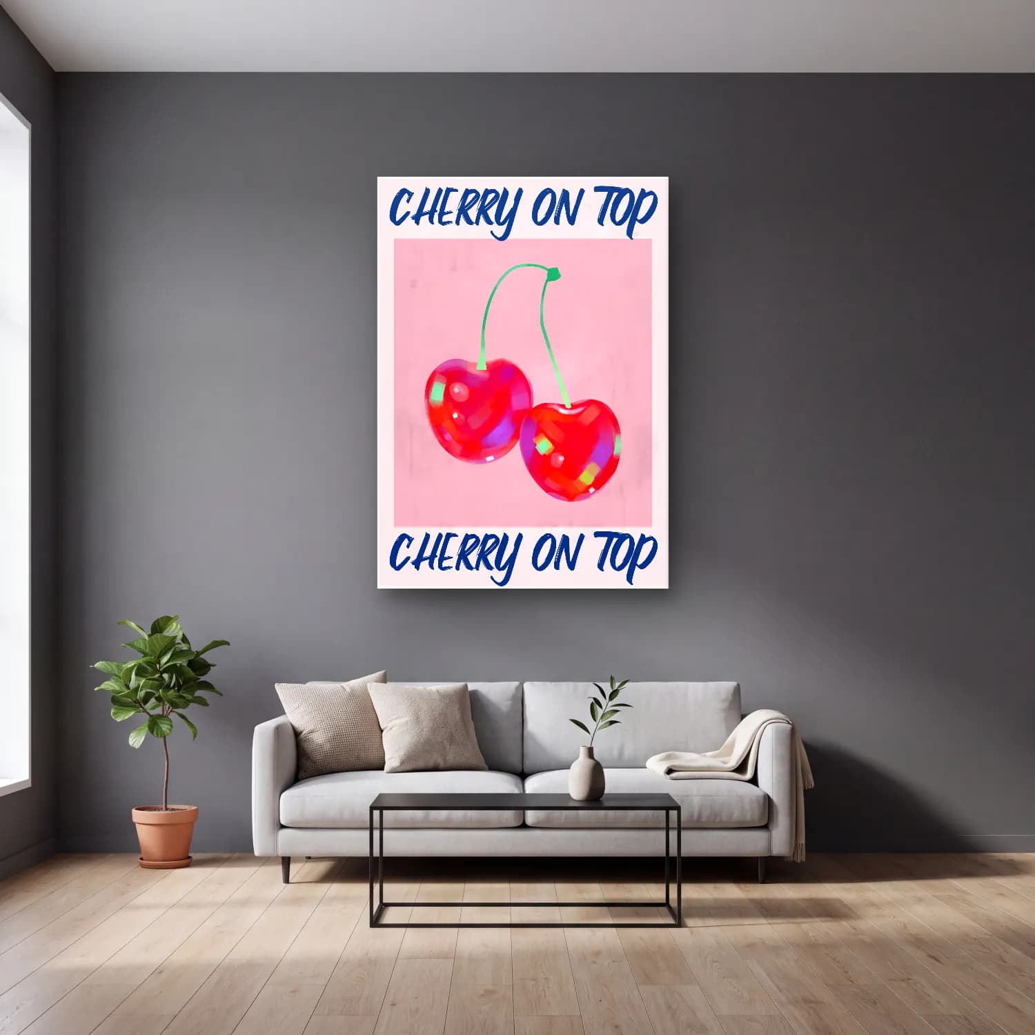 Pastel Kirazlar No. 14 cam tablo — gri duvarlı salonda