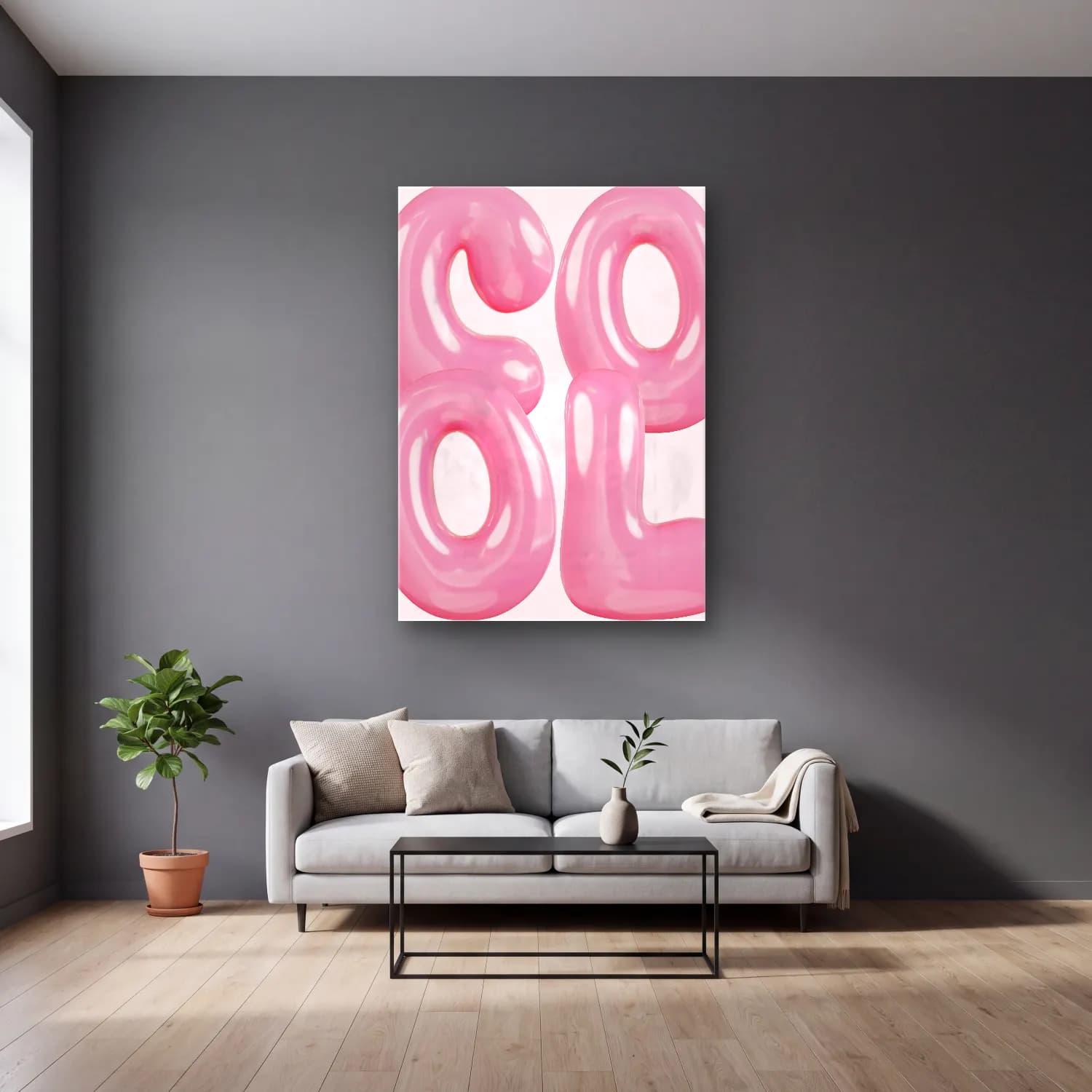 Pastel Harf Posteri No. 10 cam tablo — gri duvarlı salonda