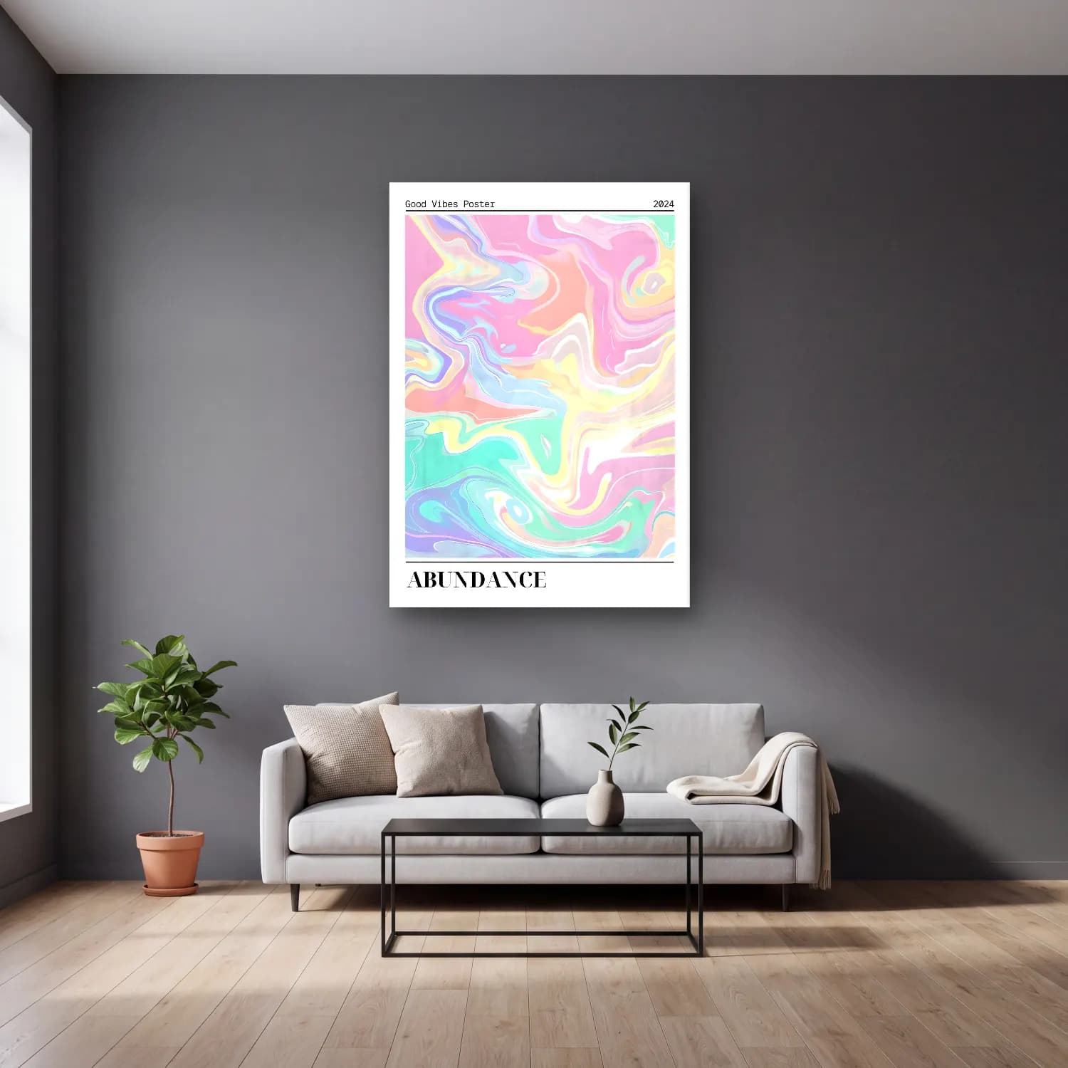 Pastel Mermer Doku No. 28 cam tablo — gri duvarlı salonda
