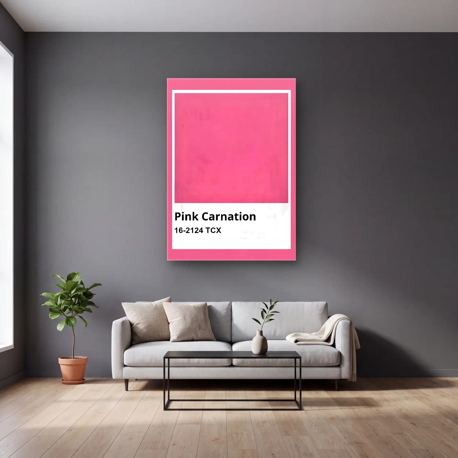 Pastel Pembe Şakayıklar No. 16 cam tablo — gri duvarlı salonda