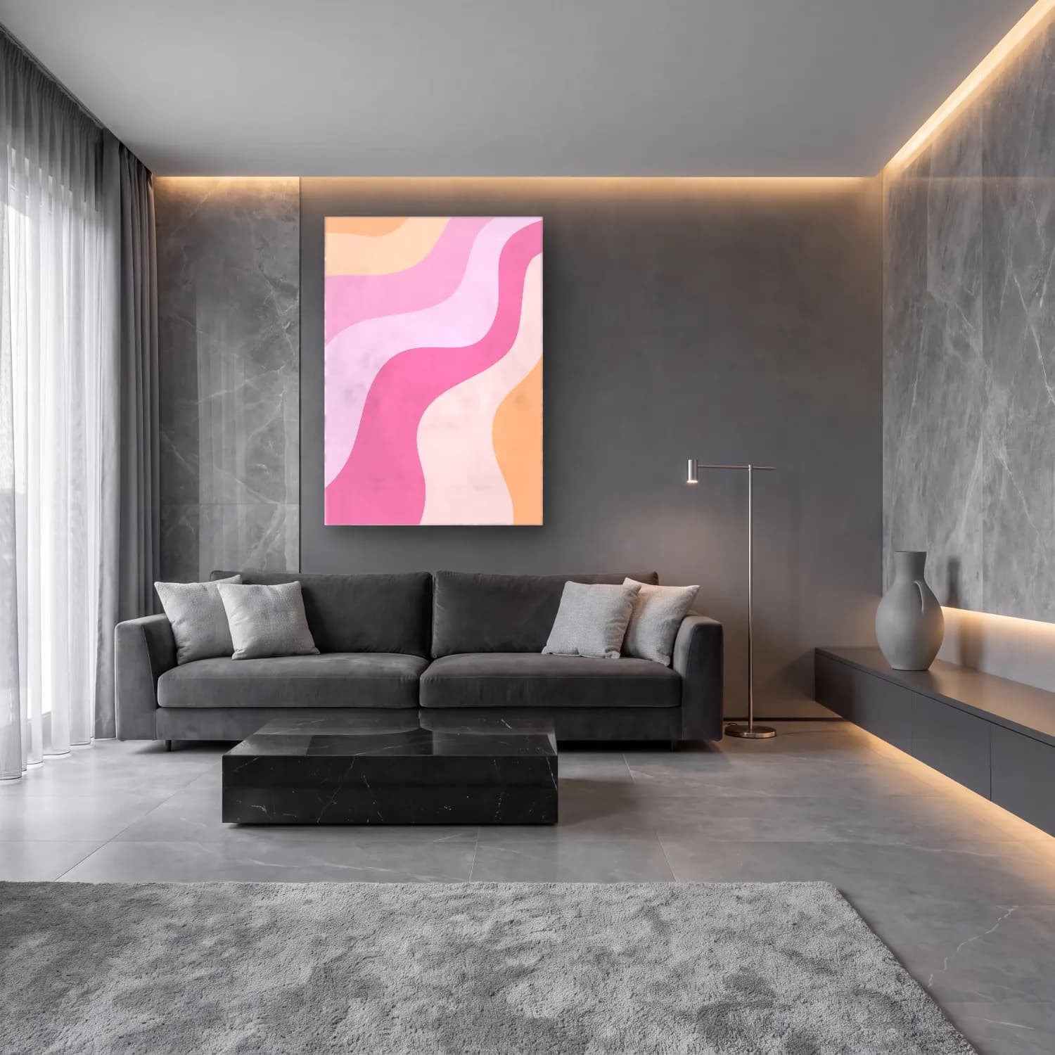Pastel Dalgalı Çizgiler No. 4 cam tablo — lüks salon duvarında