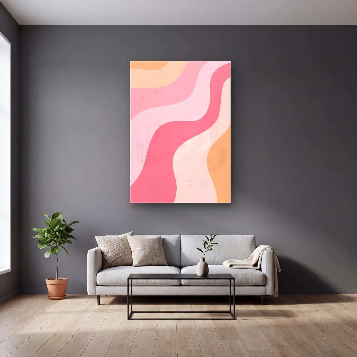 Pastel Dalgalı Çizgiler No. 4 cam tablo — gri duvarlı salonda