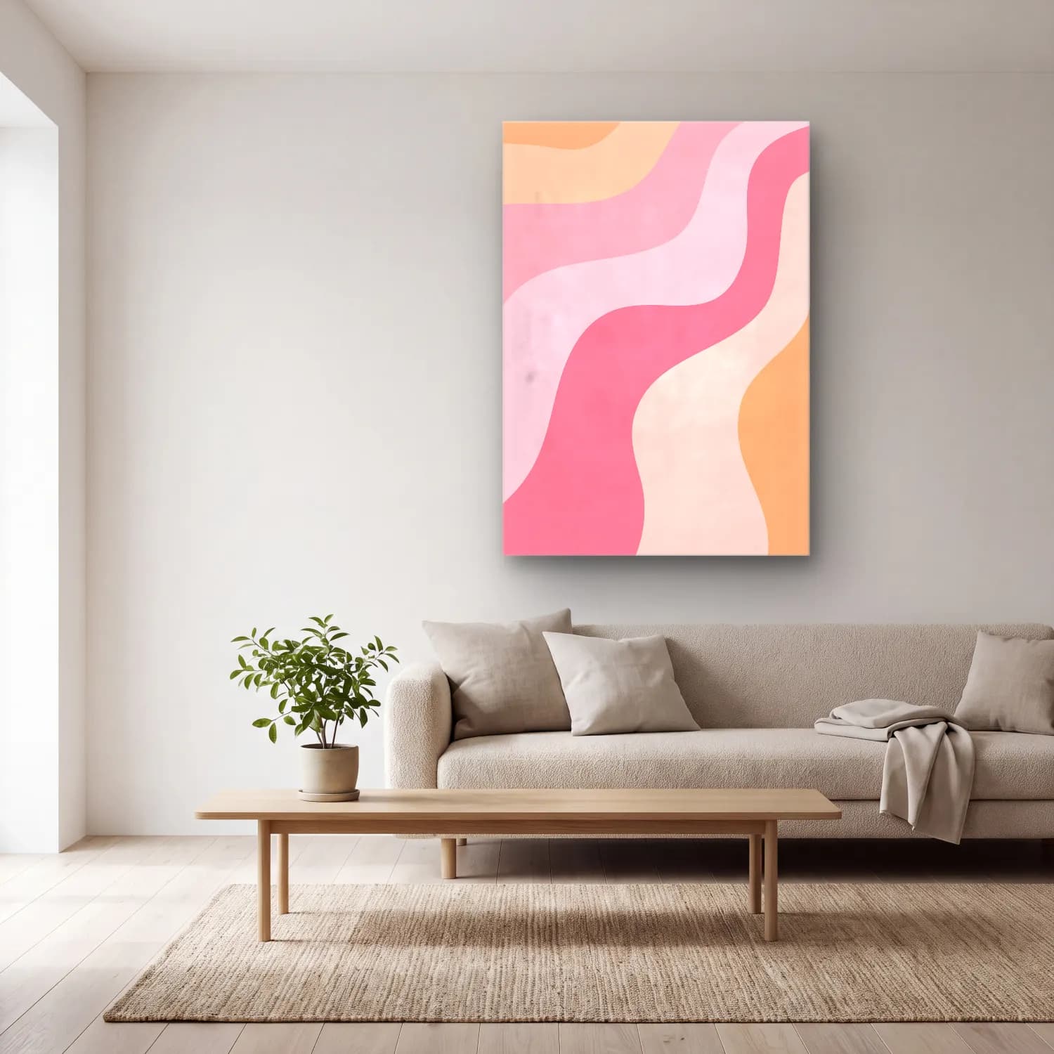 Pastel Dalgalı Çizgiler No. 4 cam tablo — açık renk salonda
