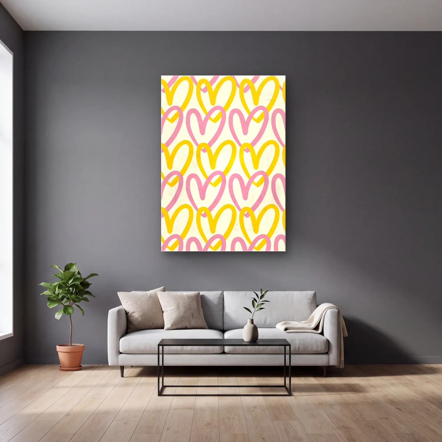Pastel Çiçek Deseni No. 208 cam tablo — gri duvarlı salonda