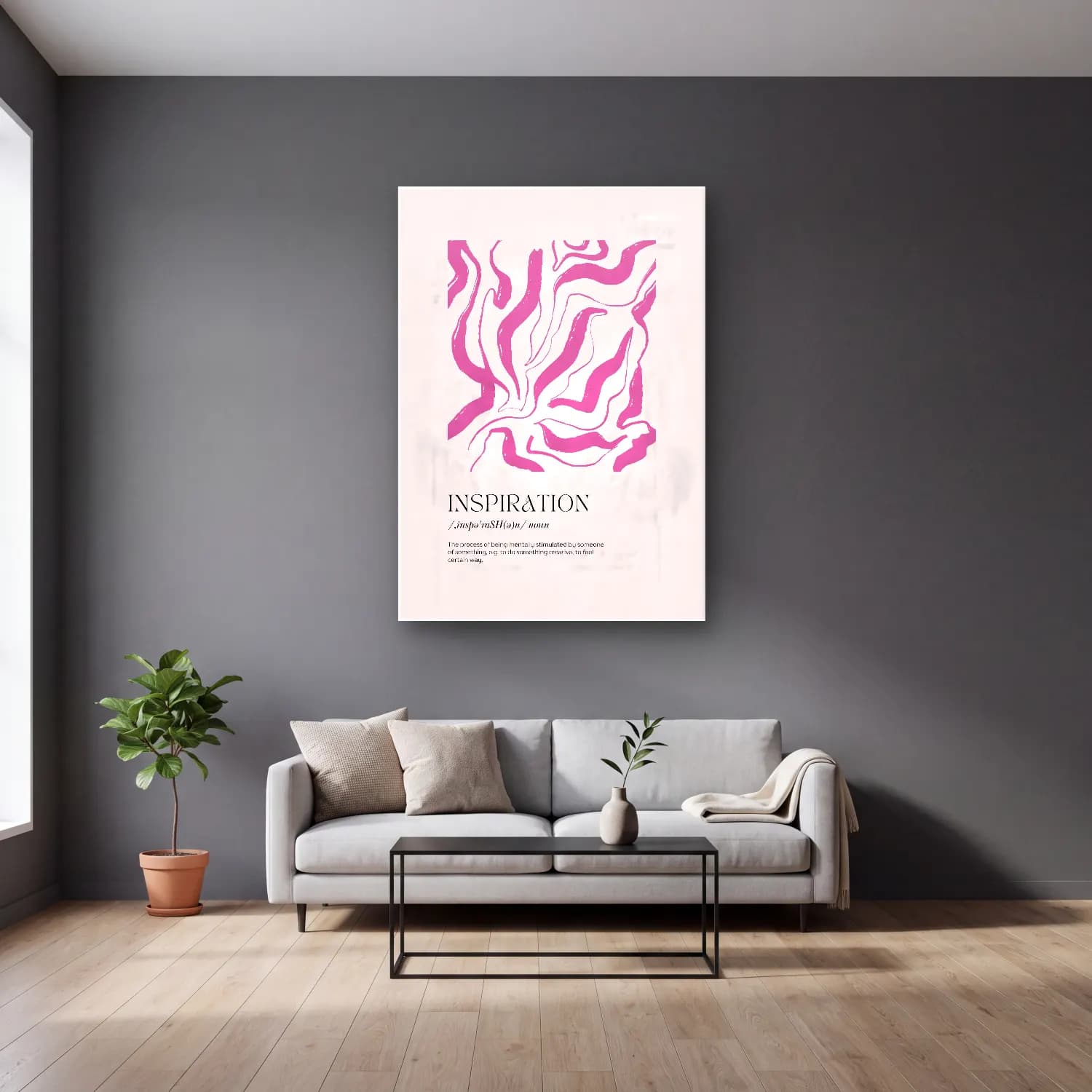 Pastel Söz Posteri No. 65 cam tablo — gri duvarlı salonda