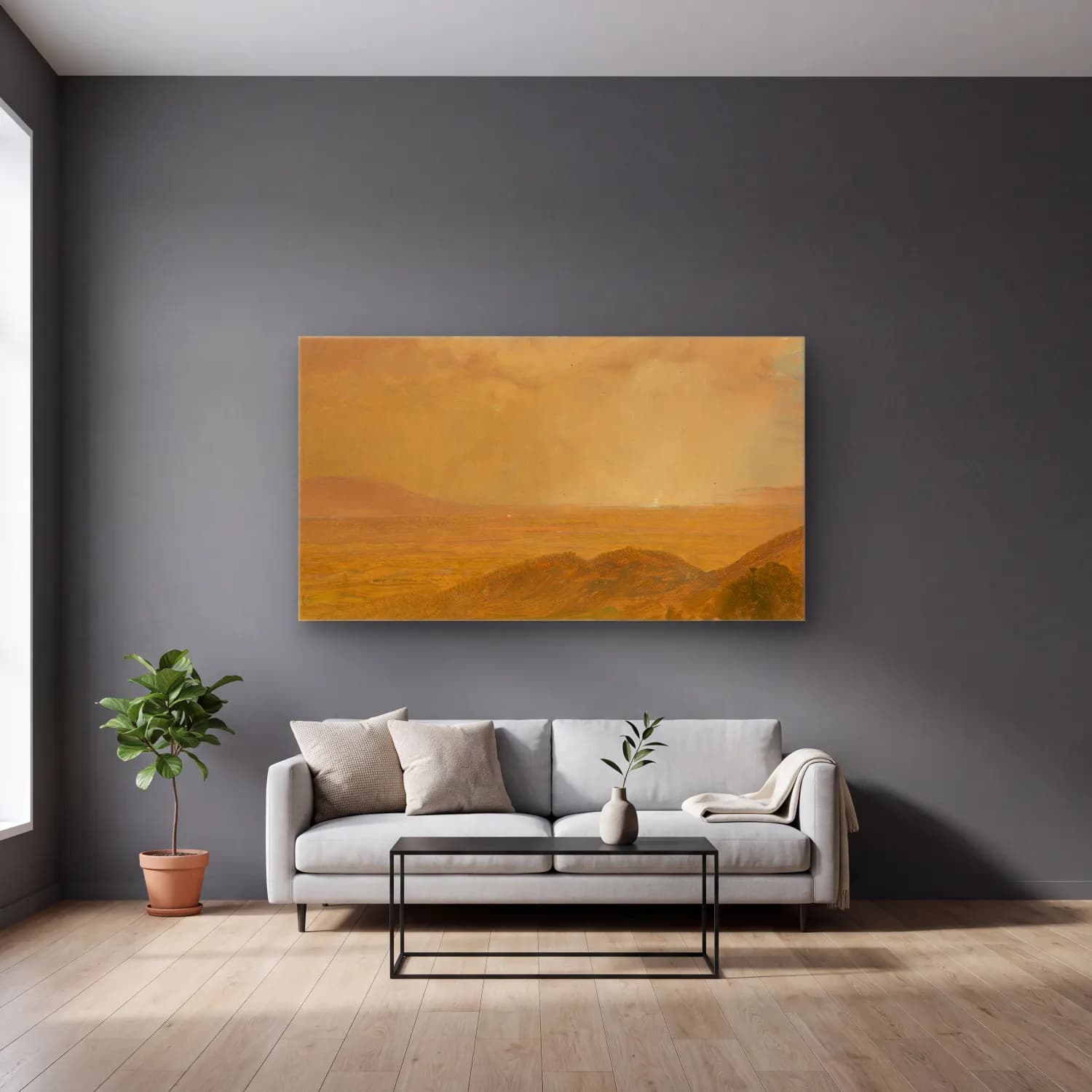 Frederic Edwin Church – Landscape VIII cam tablo — gri duvarlı salonda