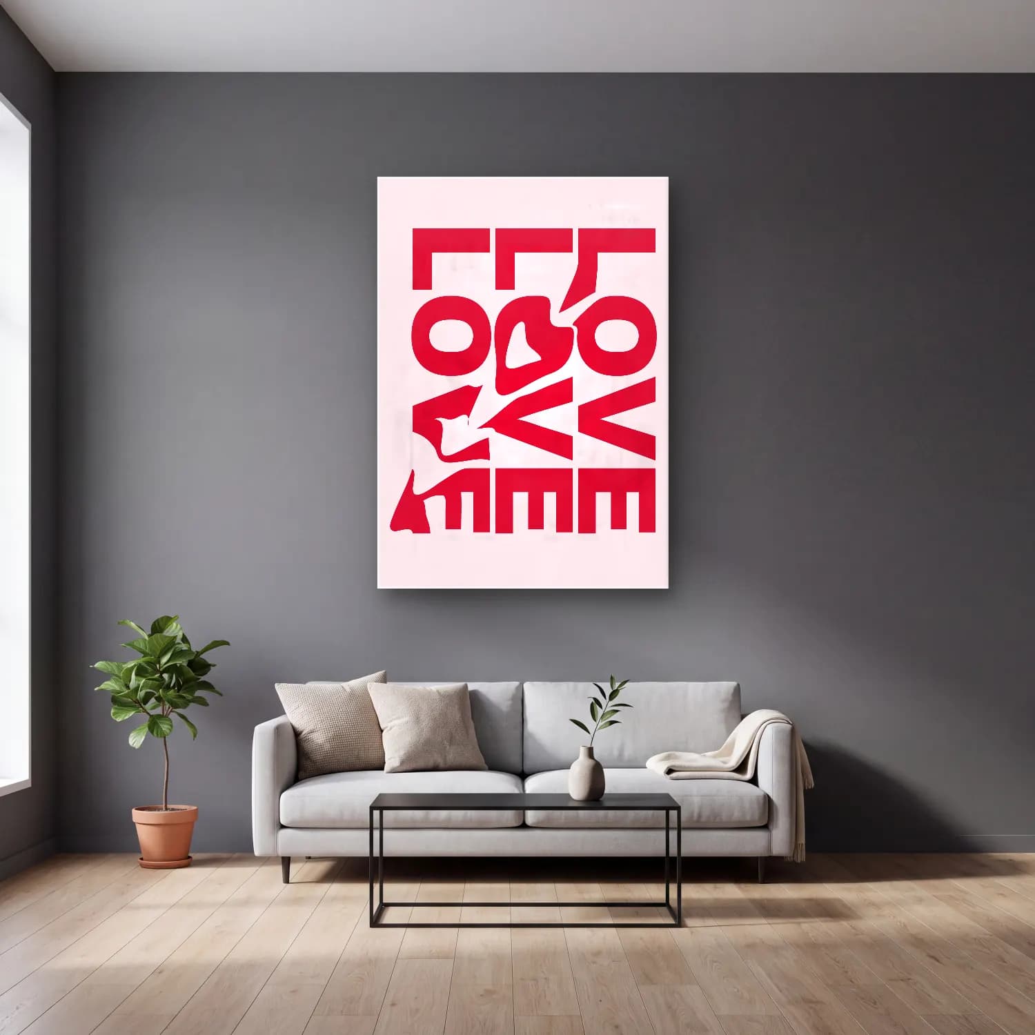 Bauhaus Yazılı Tasarım No. 23 cam tablo — gri duvarlı salonda