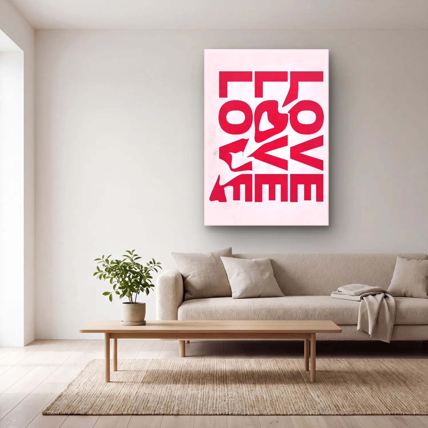 Bauhaus Yazılı Tasarım No. 23 cam tablo — açık renk salonda