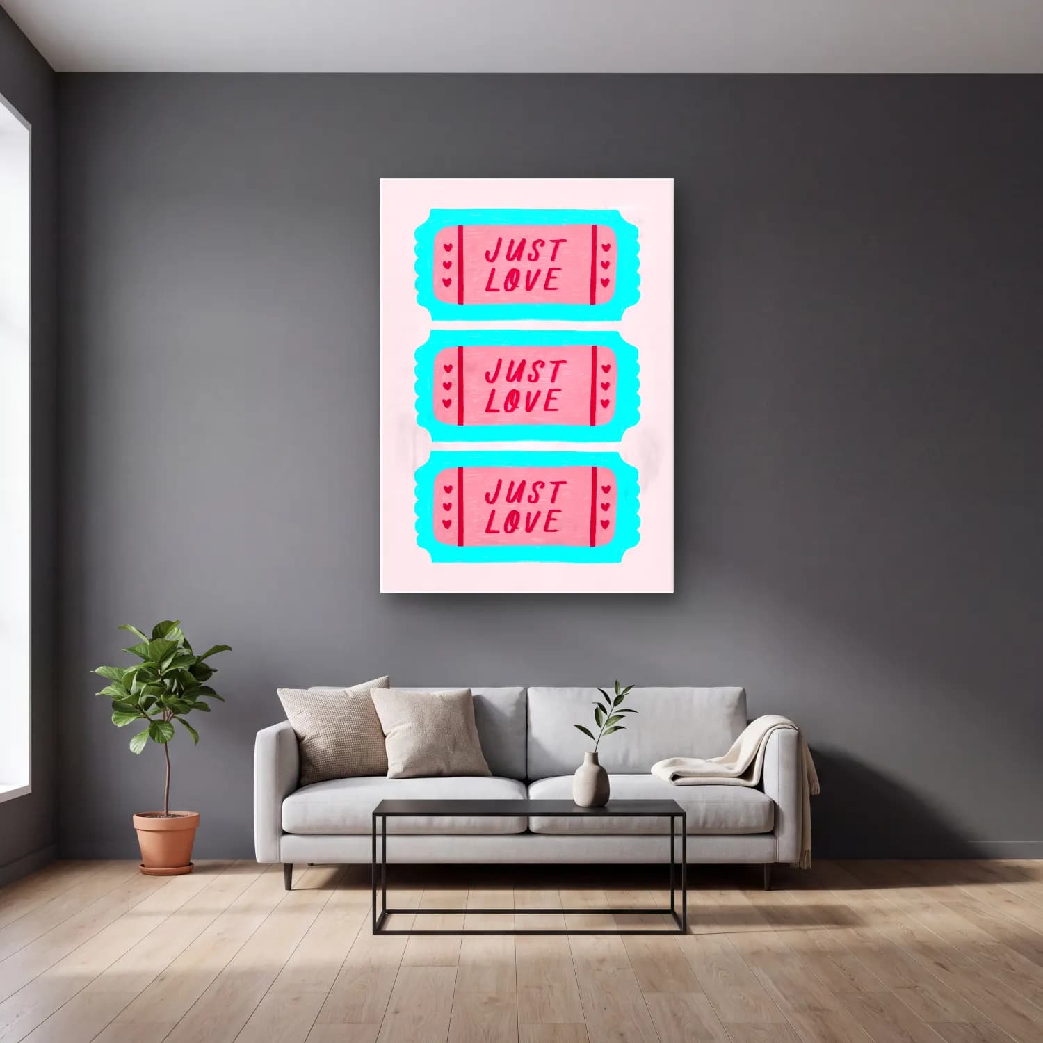 Pastel Söz Posteri No. 67 cam tablo — gri duvarlı salonda