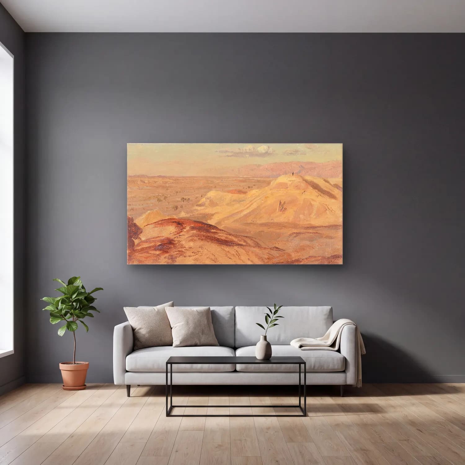 Frederic Edwin Church – Landscape near Petra cam tablo — gri duvarlı salonda