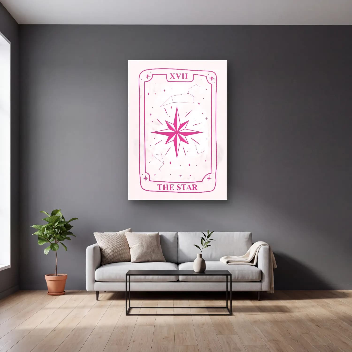 Pastel Yıldızlı Gece No. 4 cam tablo — gri duvarlı salonda