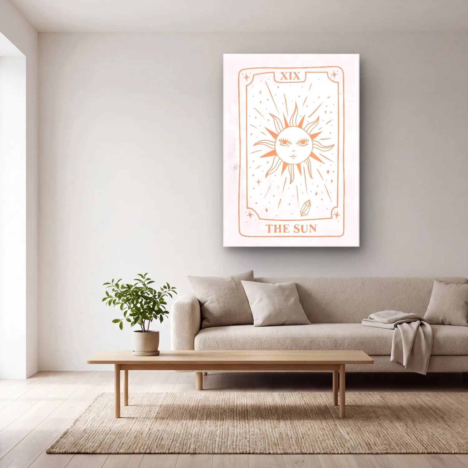 Pastel Güneş ve Gökkuşağı No. 17 cam tablo — açık renk salonda