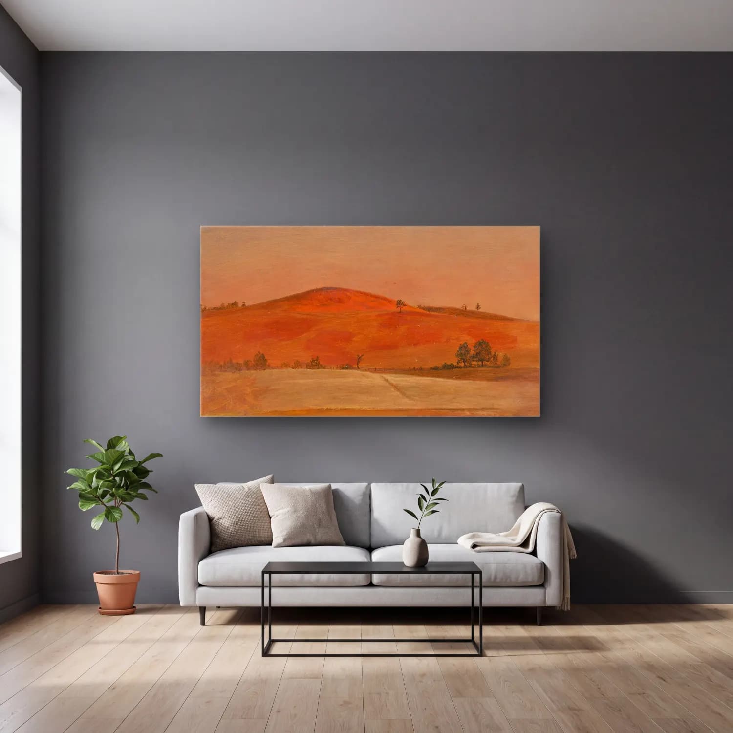 Frederic Edwin Church – Landscape with Low Hill and Fields cam tablo — gri duvarlı salonda
