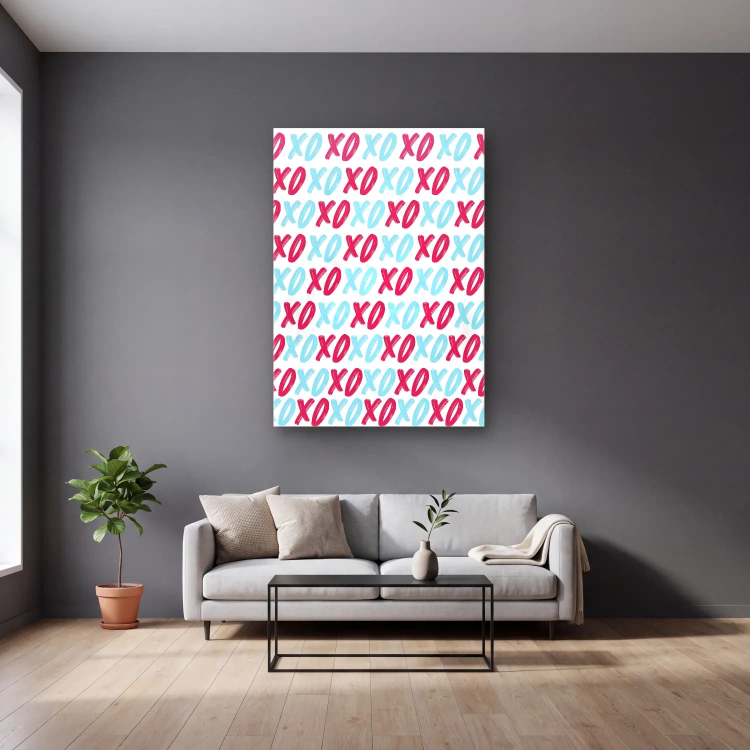 Pastel Dama Deseni No. 17 cam tablo — gri duvarlı salonda