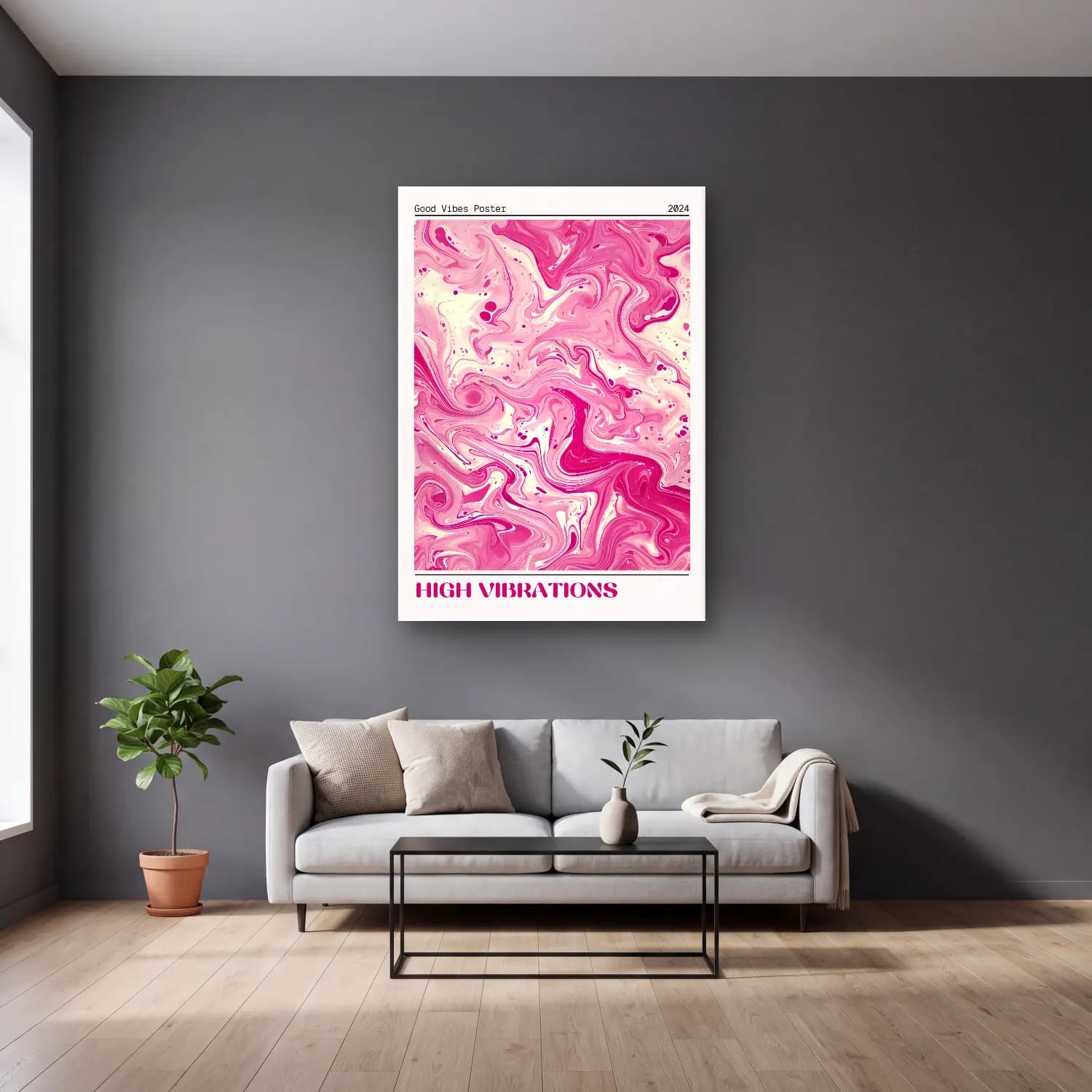 Pastel Mermer Doku No. 29 cam tablo — gri duvarlı salonda