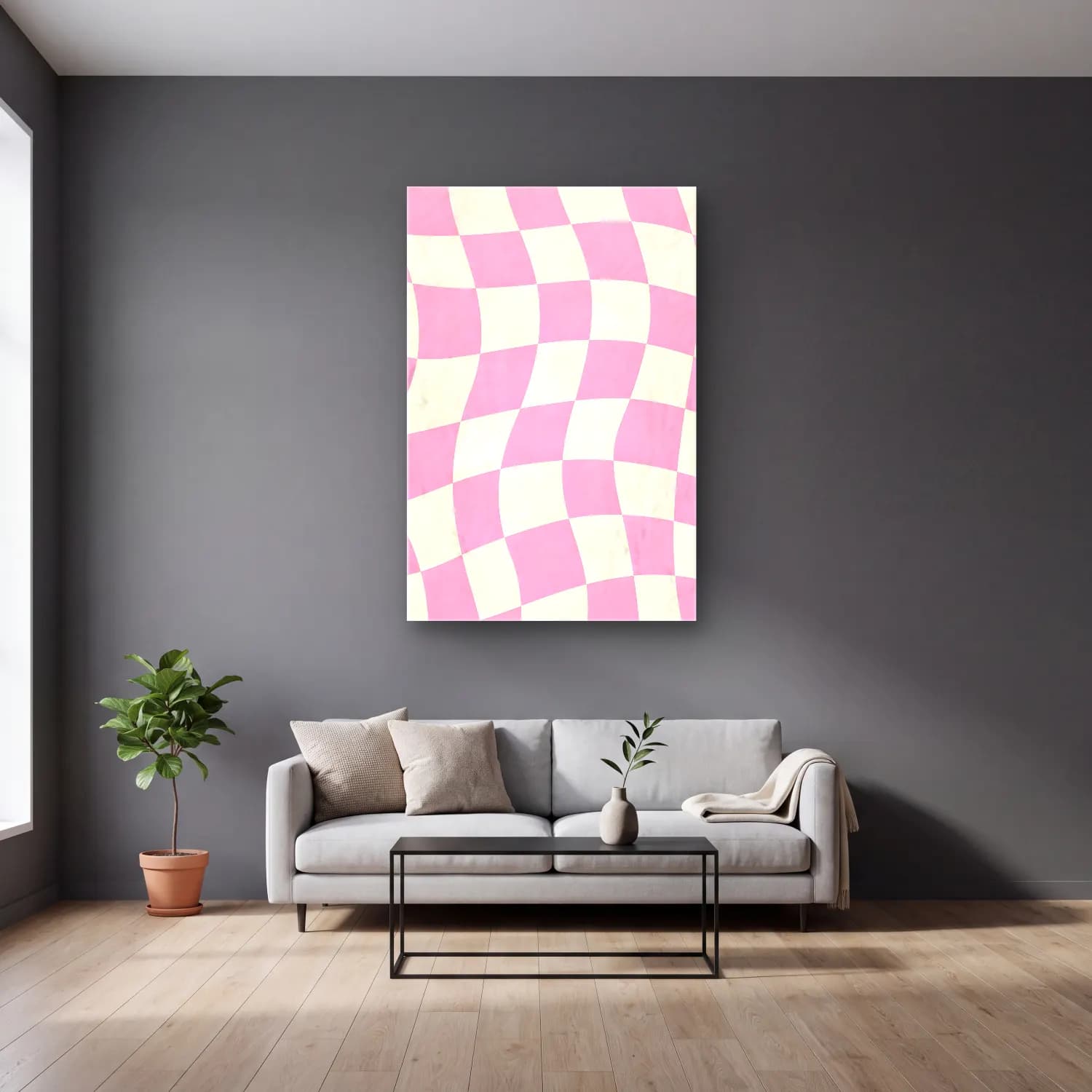 RETRO - TRENDY – Dama Deseni – Pembe Tonlar cam tablo — gri duvarlı salonda