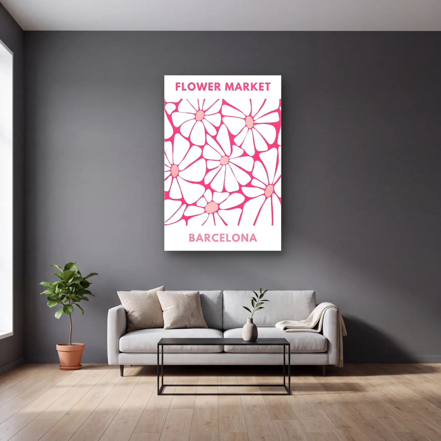 RETRO - TRENDY – Çiçek Deseni No. 16 cam tablo — gri duvarlı salonda