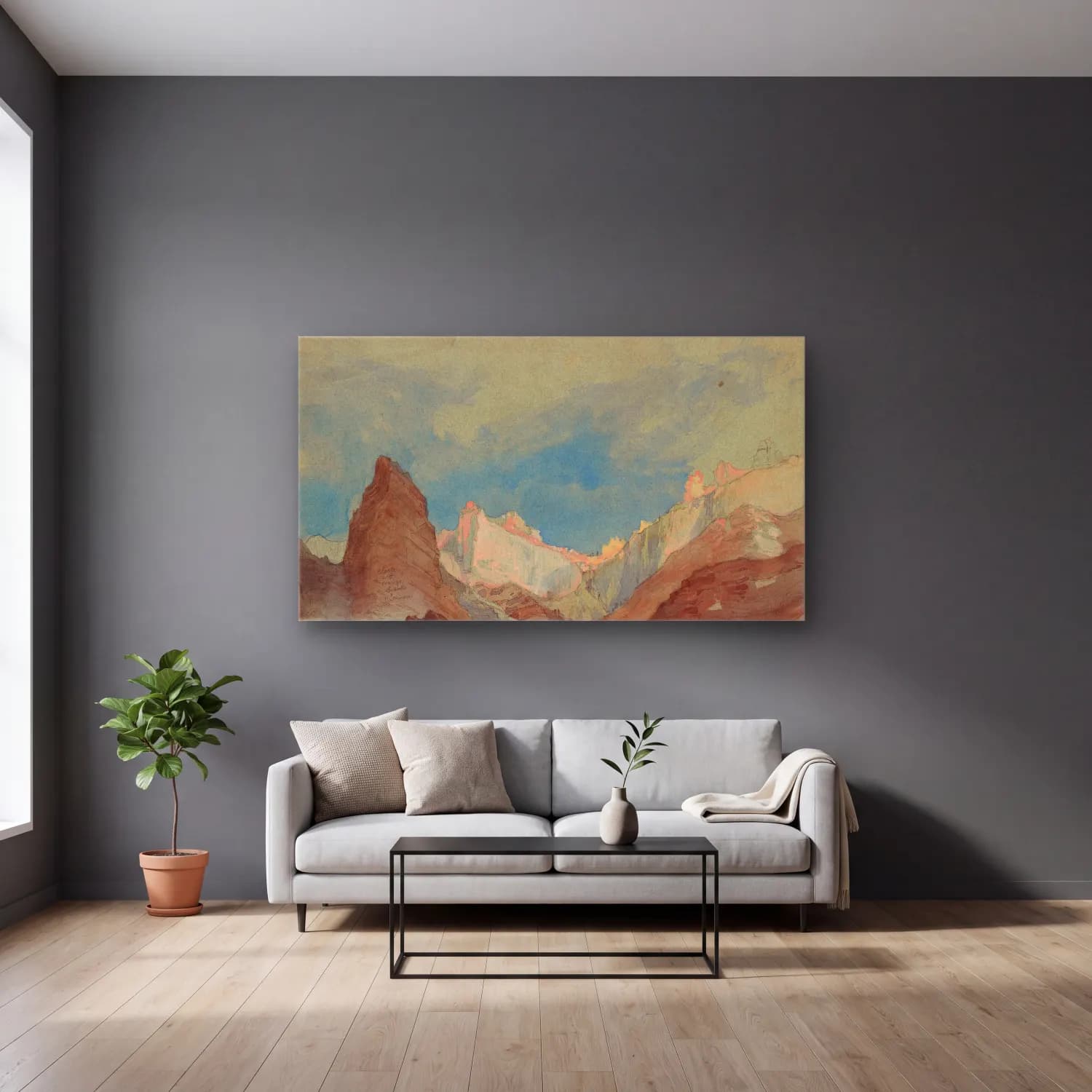 Frederic Edwin Church – Looking up the Trail at Bright Angel, Grand Canyon, Arizona cam tablo — gri duvarlı salonda