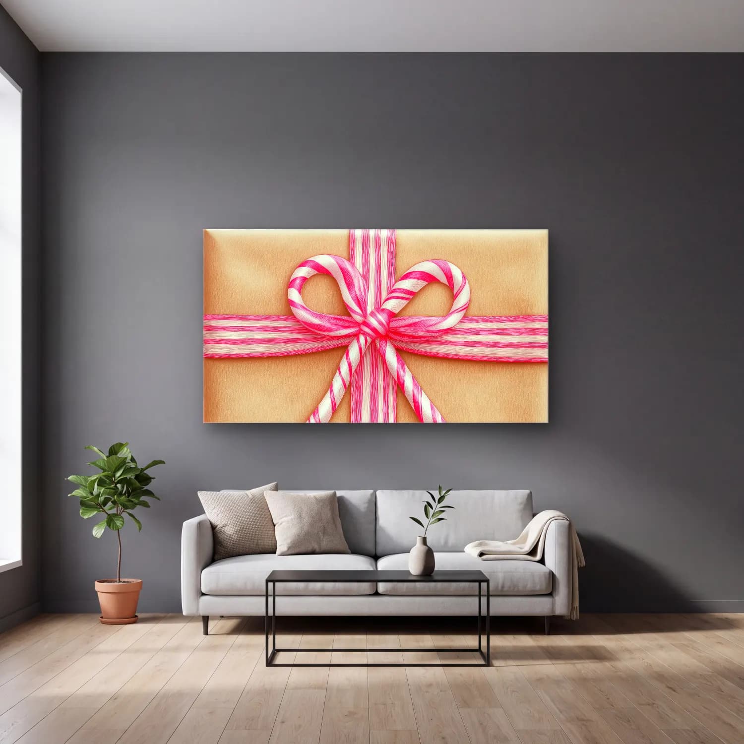 Pastel Fiyonk No. 34 cam tablo — gri duvarlı salonda