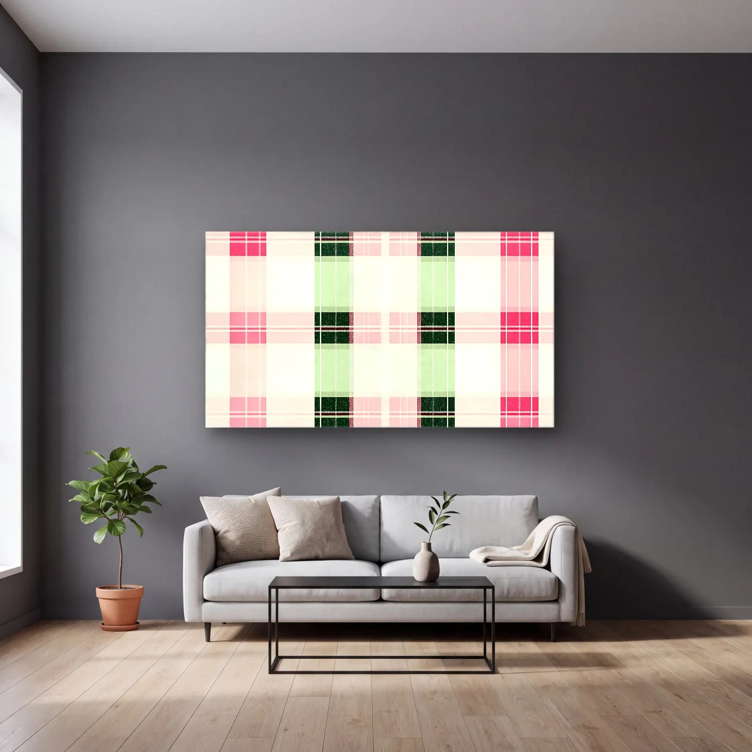 Pastel Dama Deseni No. 15 cam tablo — gri duvarlı salonda