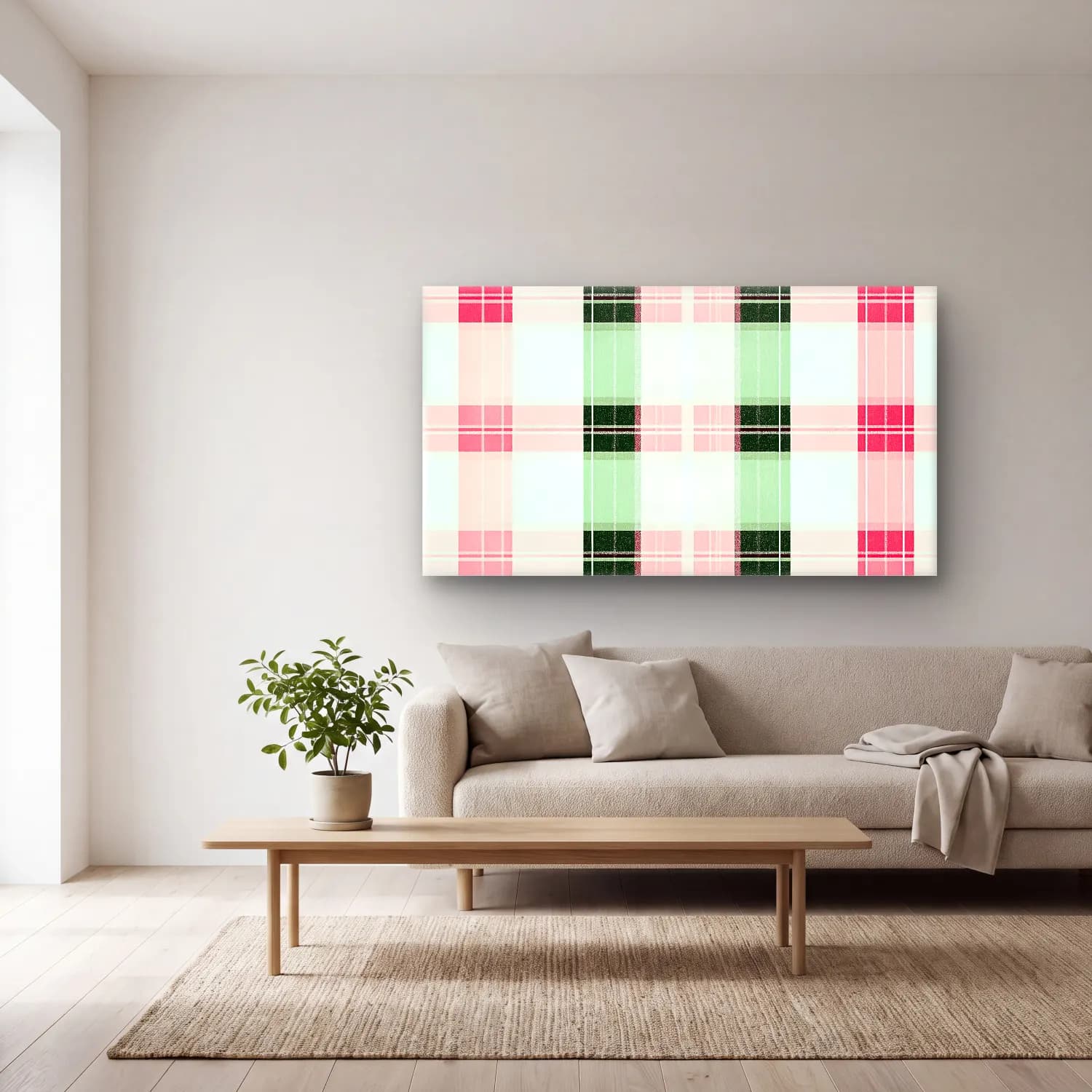 Pastel Dama Deseni No. 15 cam tablo — açık renk salonda
