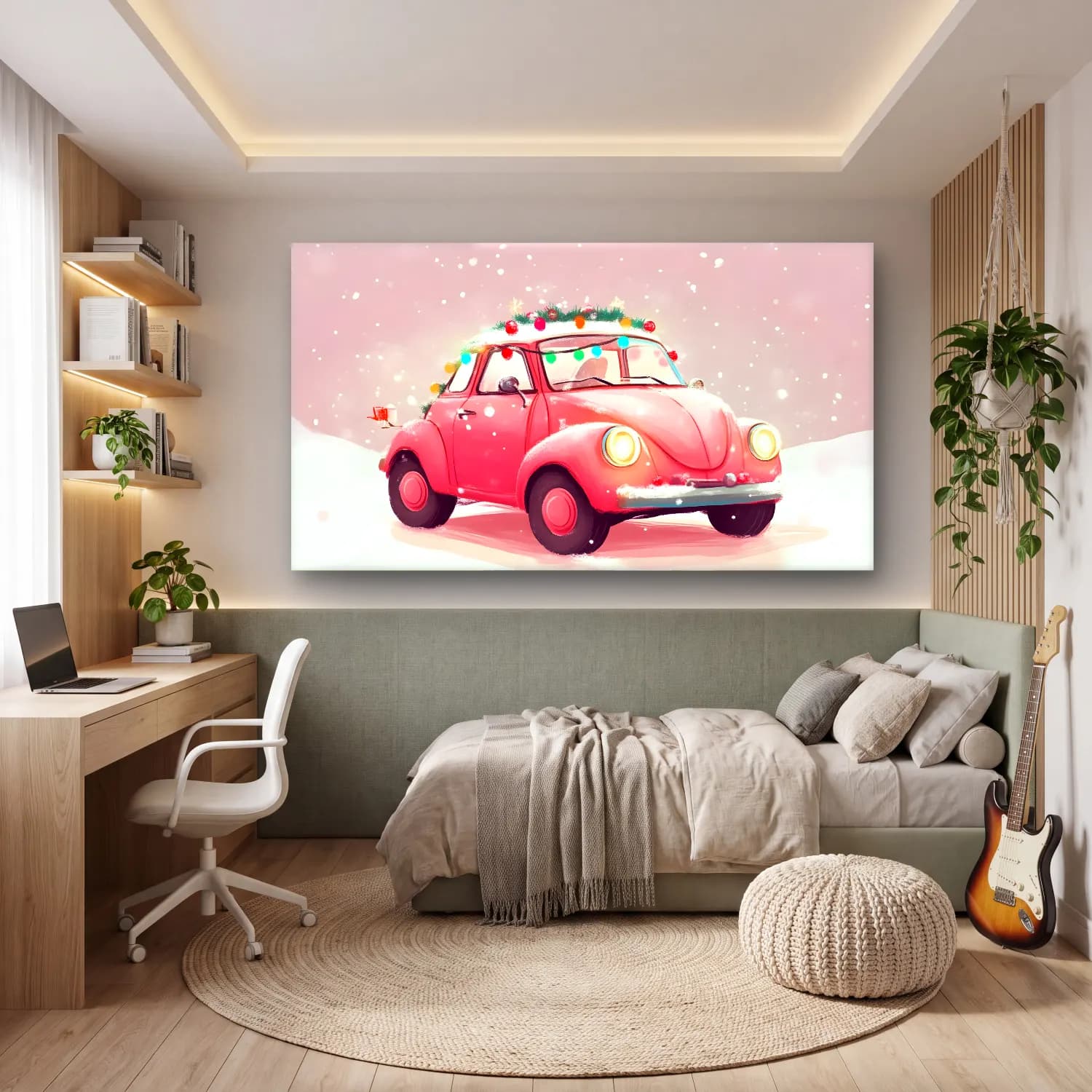 Sevimli İllüstrasyon Klasik Araba – Pembe Tonlar cam tablo — genç odasında