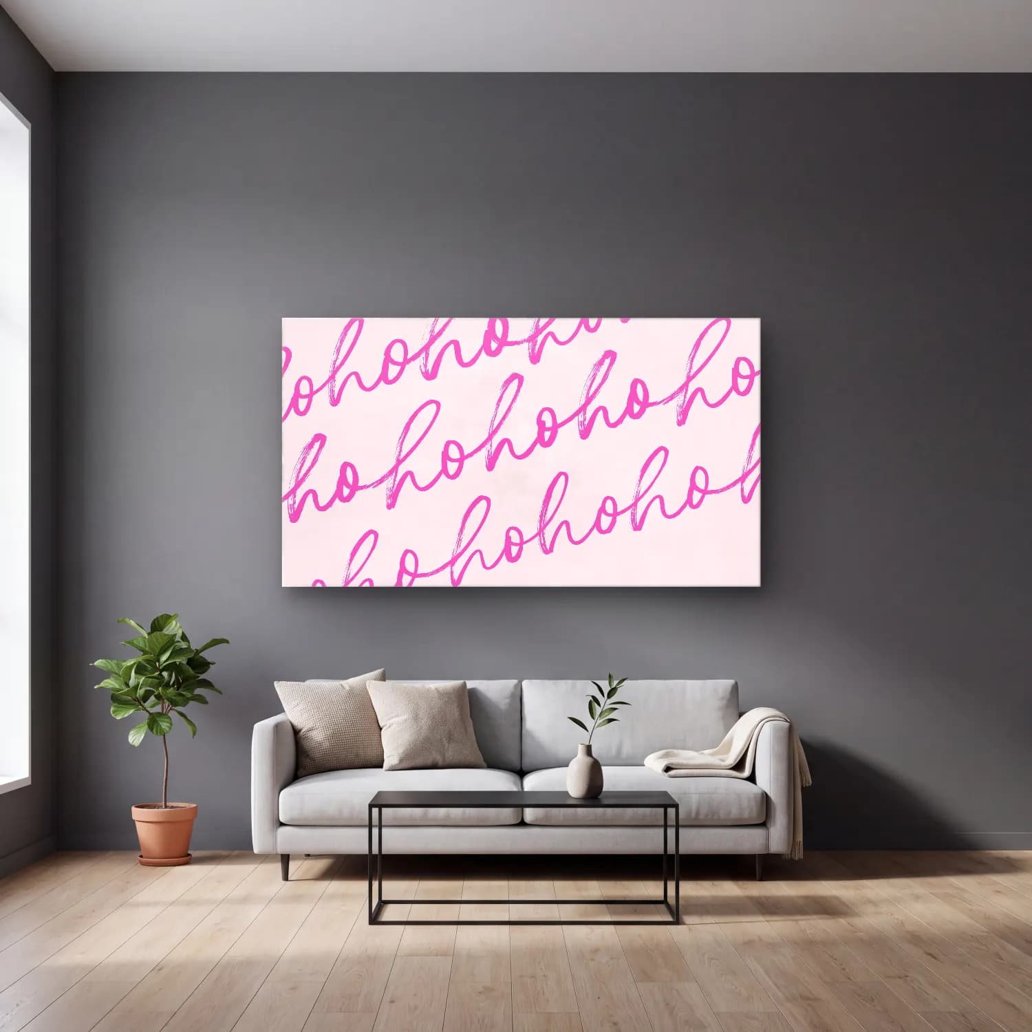 Pastel Yazılı Tasarım No. 73 cam tablo — gri duvarlı salonda
