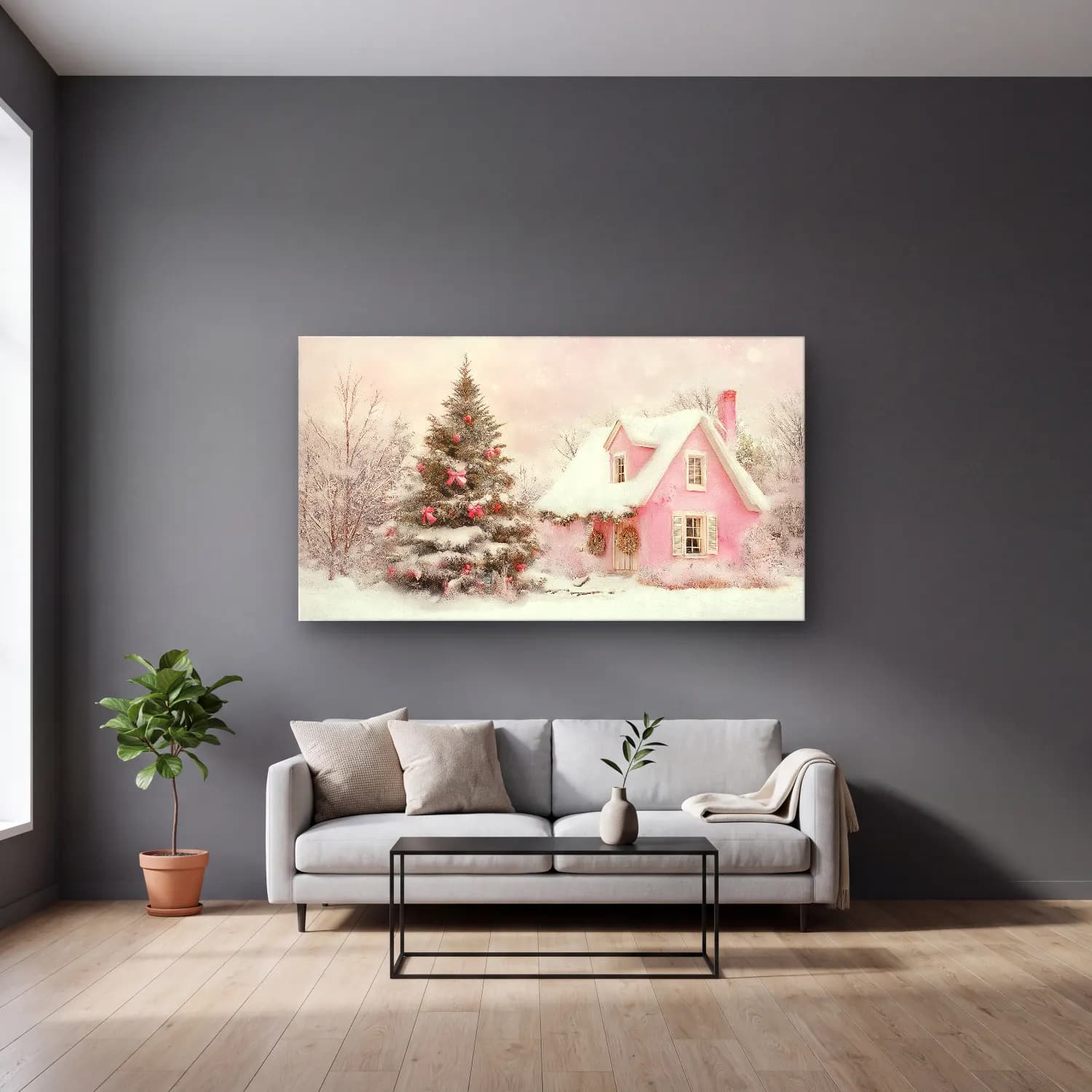 Pastel Yılbaşı Ağacı No. 22 cam tablo — gri duvarlı salonda