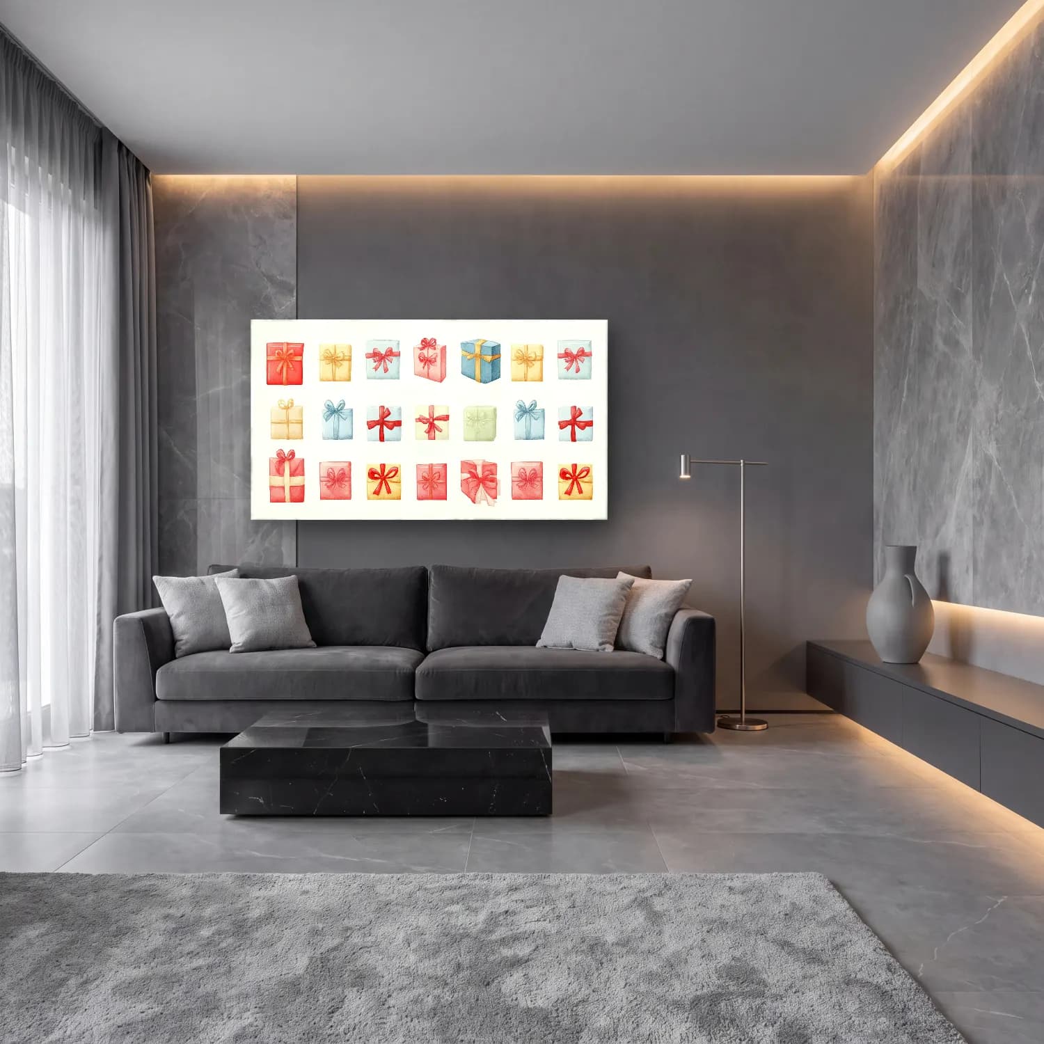Pastel Hediye Paketleri – Pastel Tonlar cam tablo — lüks salon duvarında