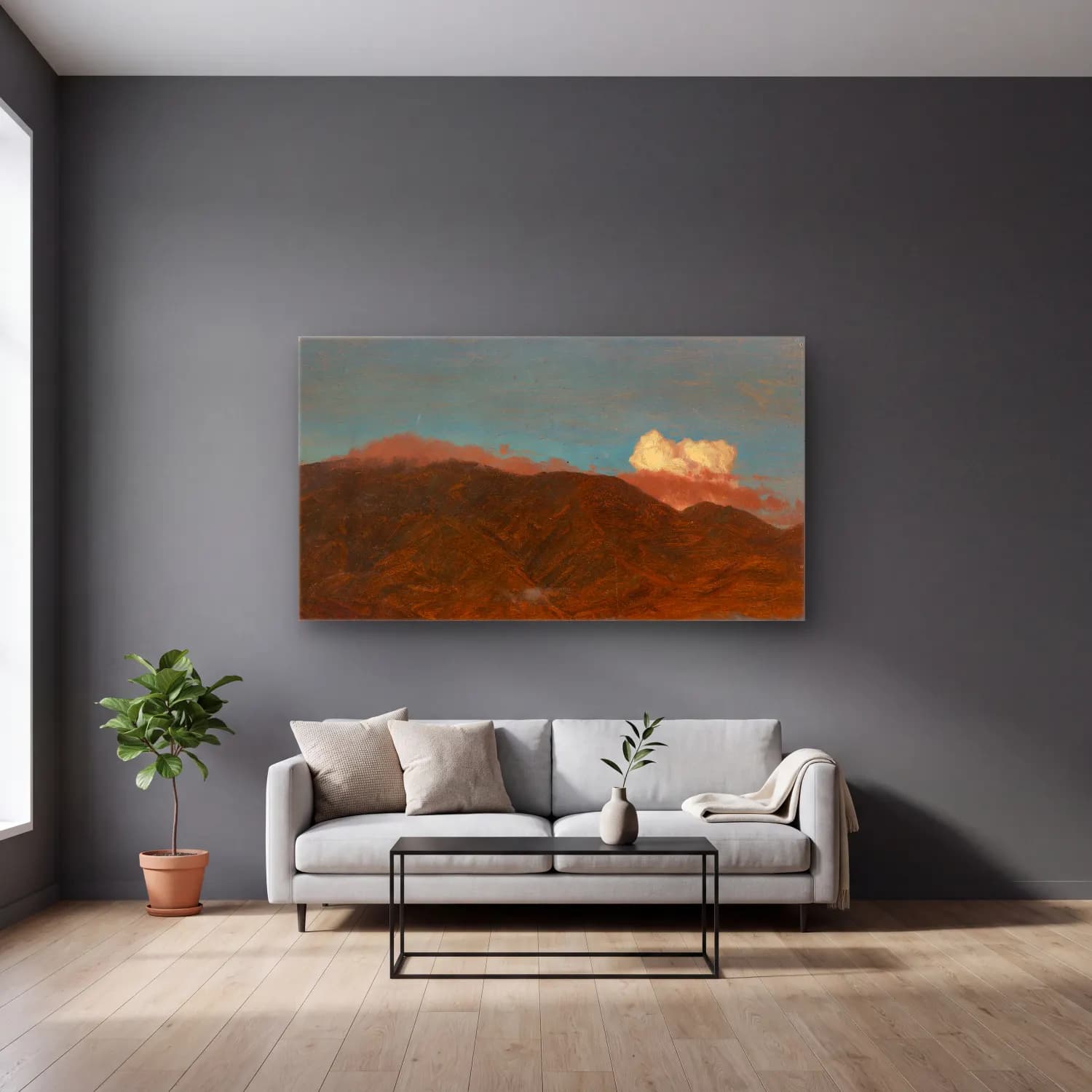 Frederic Edwin Church – Mt. Desert Island, Maine Coast cam tablo — gri duvarlı salonda