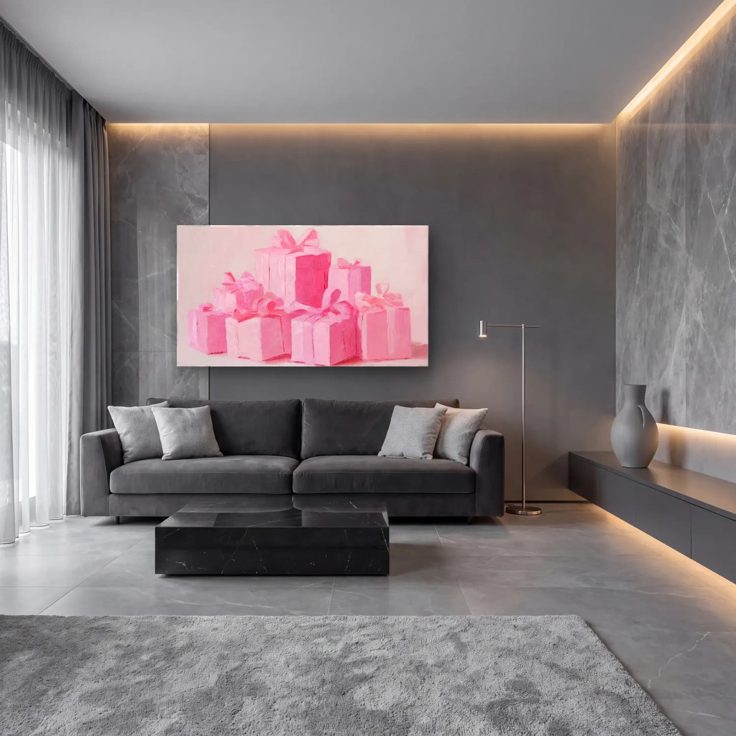 Pastel Hediye Paketleri No. 9 cam tablo — lüks salon duvarında