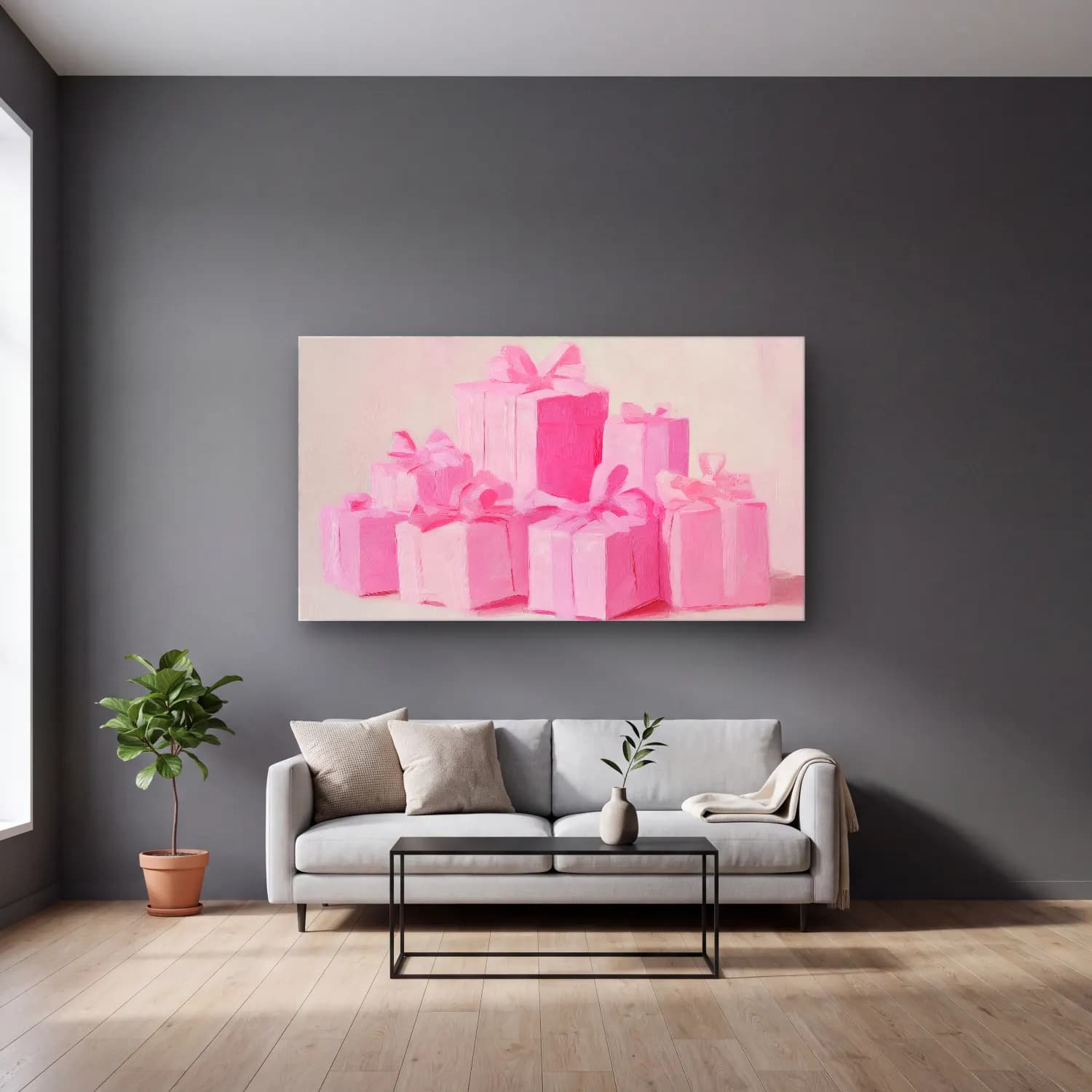 Pastel Hediye Paketleri No. 9 cam tablo — gri duvarlı salonda