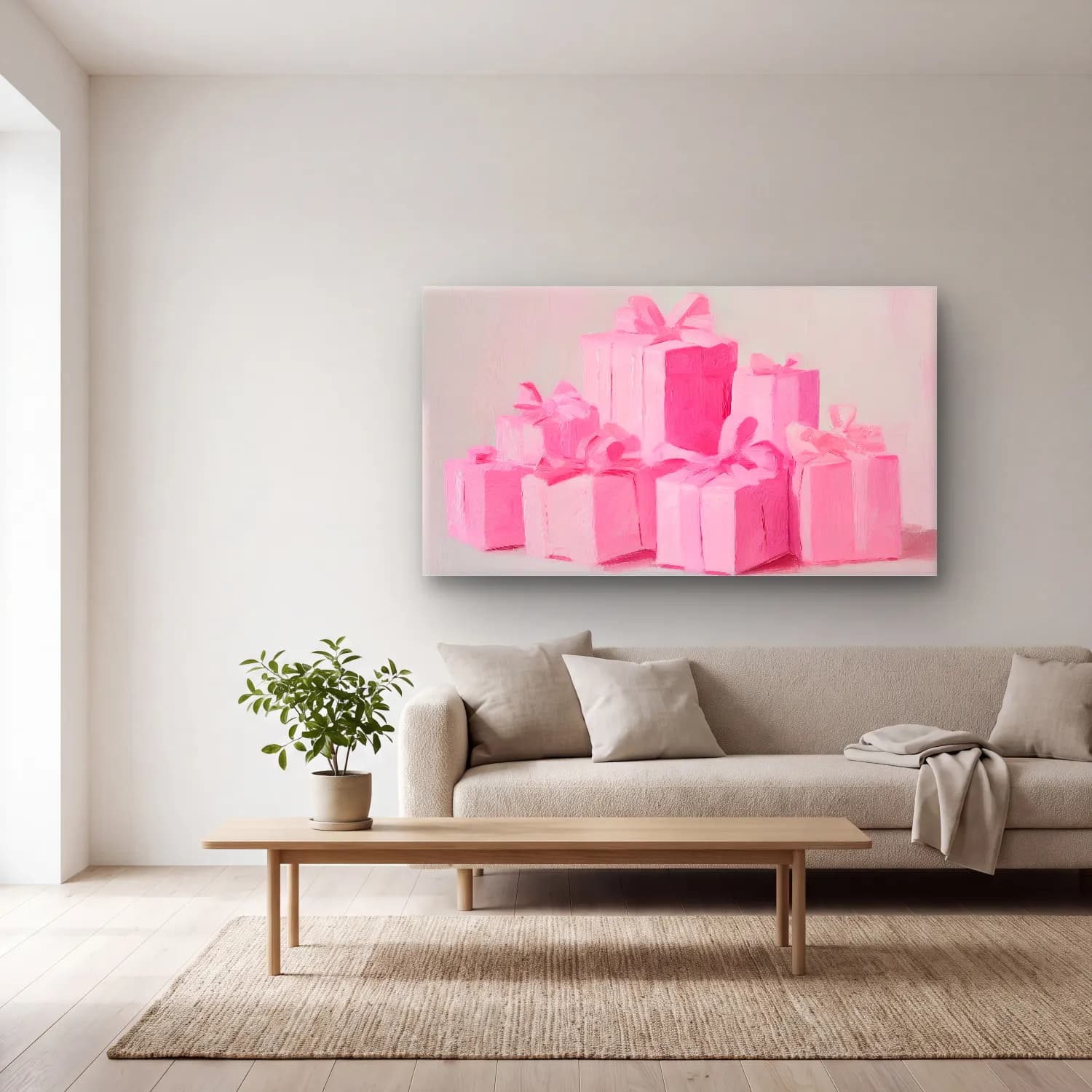 Pastel Hediye Paketleri No. 9 cam tablo — açık renk salonda